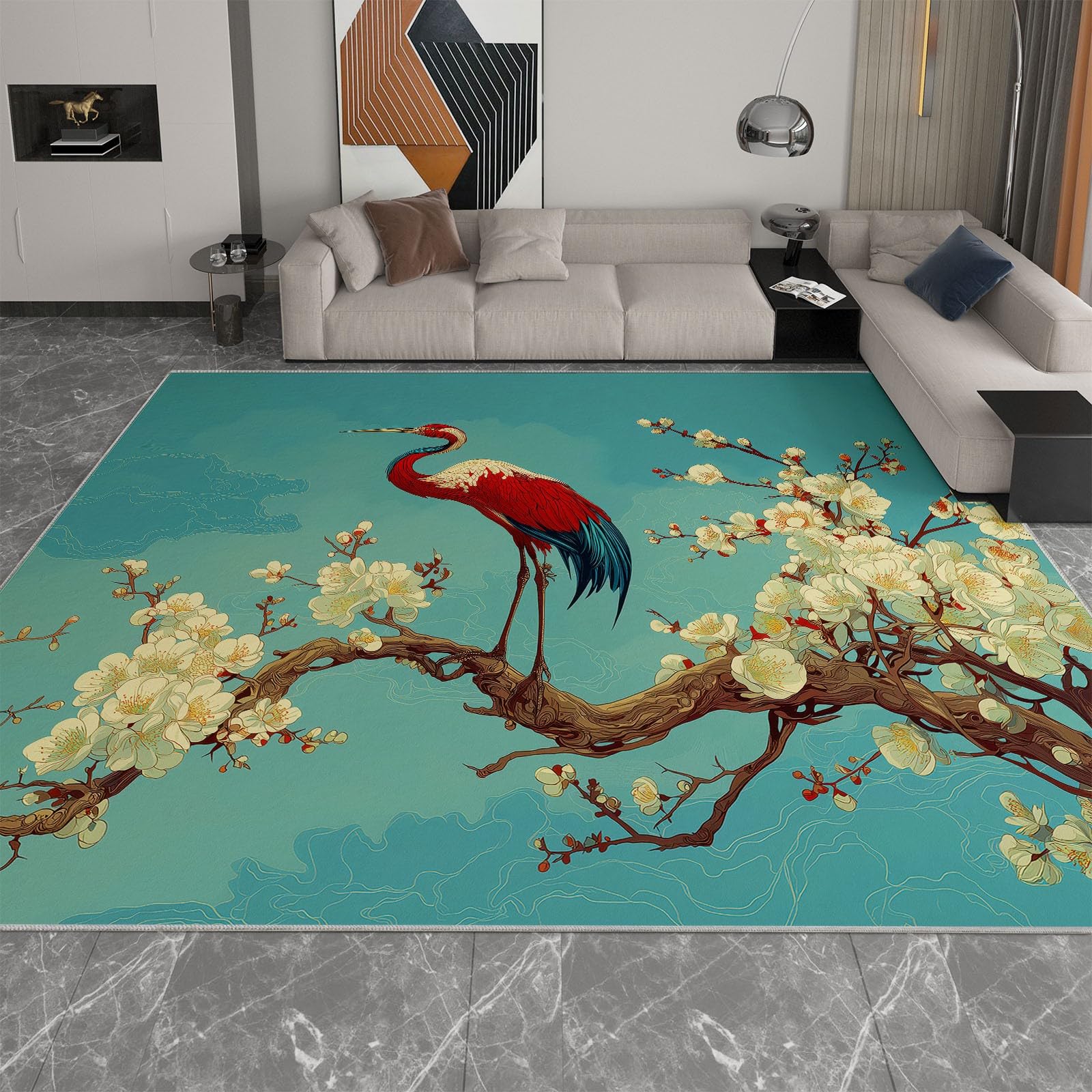 Alfombra antideslizante con diseño de pájaros voladores y flores de ciruelo, 160 x 230 cm, estilo chino, alfombra para dormitorio de niños y niñas, alfombra de suelo para sala de estar, dormitorio