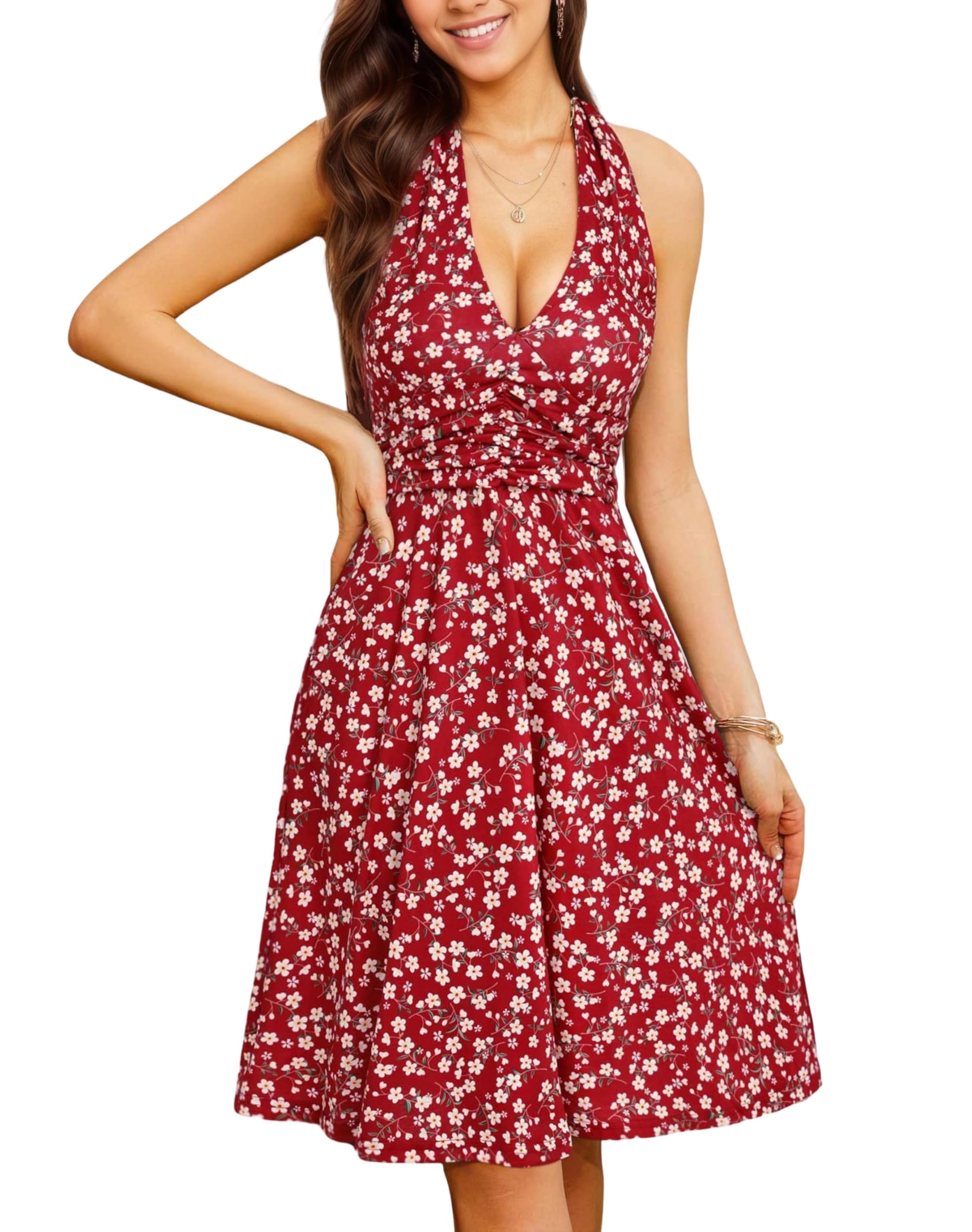 Timuspo Sommerkleid Damen Knielang V-Ausschnitt Neckholder Kleid Midi Rüschen Blumenkleid Ärmellos Sommerkleider Partykleid Boho Kleider mit 2 Taschen