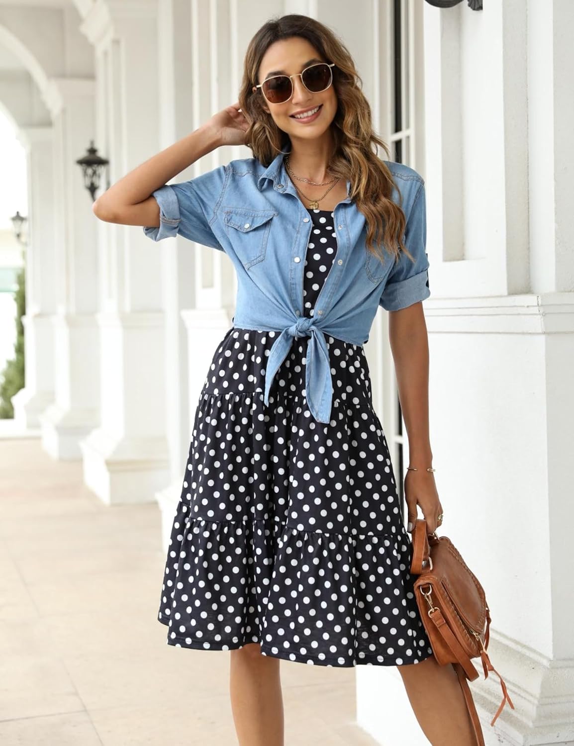 PUWEI Women's Denim Shirts Casual Button Up 3/4 Sleeve Tie Front Jean Crop Tops - Image 2