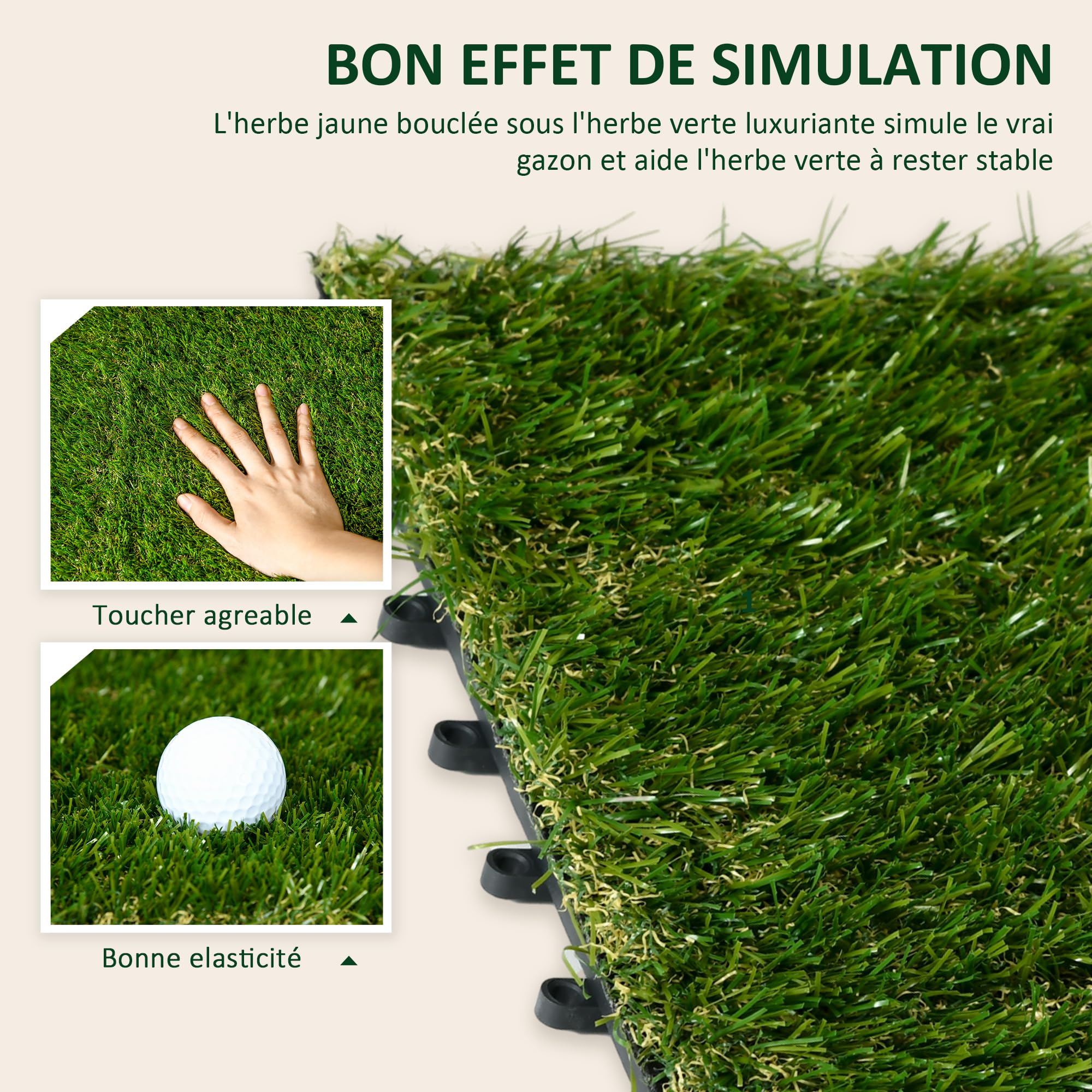 Outsunny Gazon synthétique Artificiel Set de 10 Dalles Carreaux 30 x 30 cm épaisseur Confort 3,5 cm à emboîter Vert
