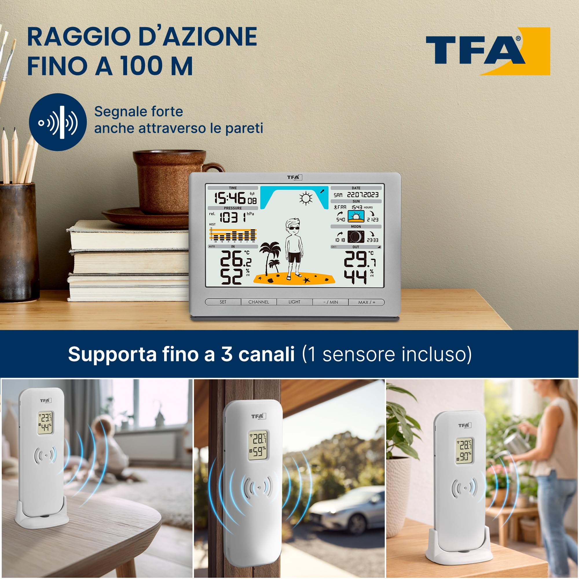 TFA Dostmann Stazione meteo radio METEO JACK, 35.1097.54,con sensore esterno, con previsioni del tempo, pressione atmosferica, fasi lunari, alba e tramonto, orologio radio, argento