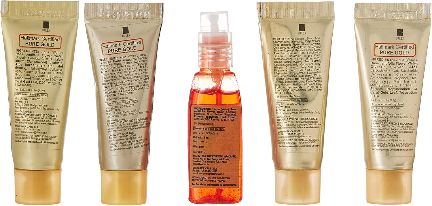 Shahnaz Husain 24 Carat Gold Skin Radiance Timeless Youth Kit with Exfoliating Scrub, Radiance Gel, Moisturizing Cream, and Mask (4 x 10 gm) : Beauty & Personal Care