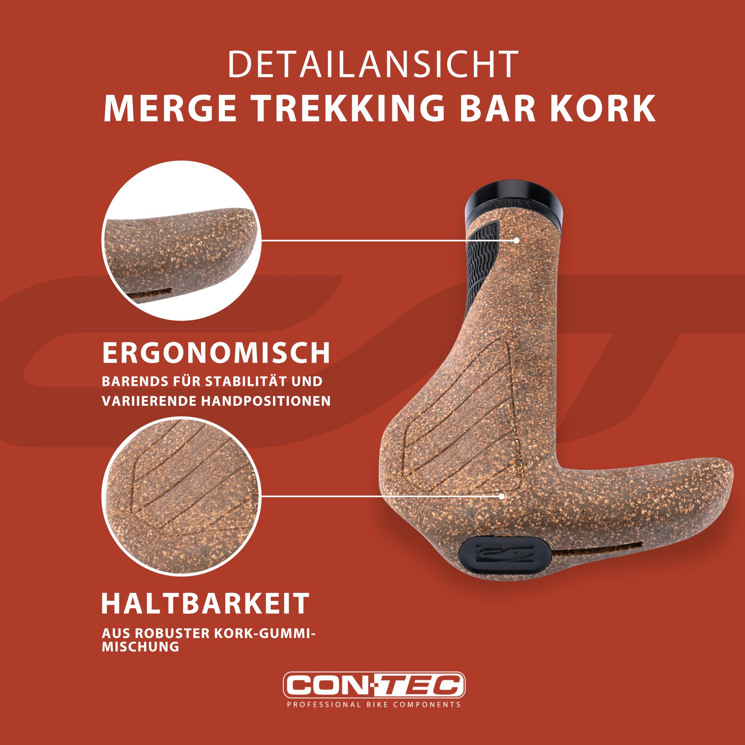 CONTEC Fahrrad-Griffe Merge Trekking Bar Kork, Länge 140mm, D3-Dreikomponenten, G-Link System, Ergonomisch, Stoßdämpfend, mit BarEnds, braun, Paar