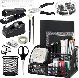 SYMDROMIA 13-in-1 Desk Organizer Set with Stapler, Tape Dispenser, Scissors, Ruler & More - Black Office & School Supplies