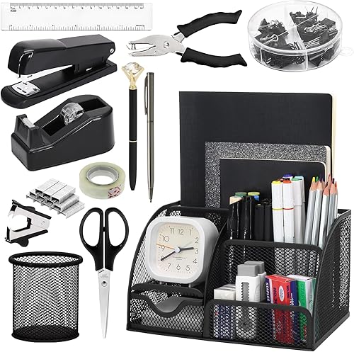 Miniatura 10 de SYMDROMIA Juego de organizador de escritorio de oficina 13 en 1 con grapadora y dispensador de cinta, soporte para bolígrafos, tijeras, regla