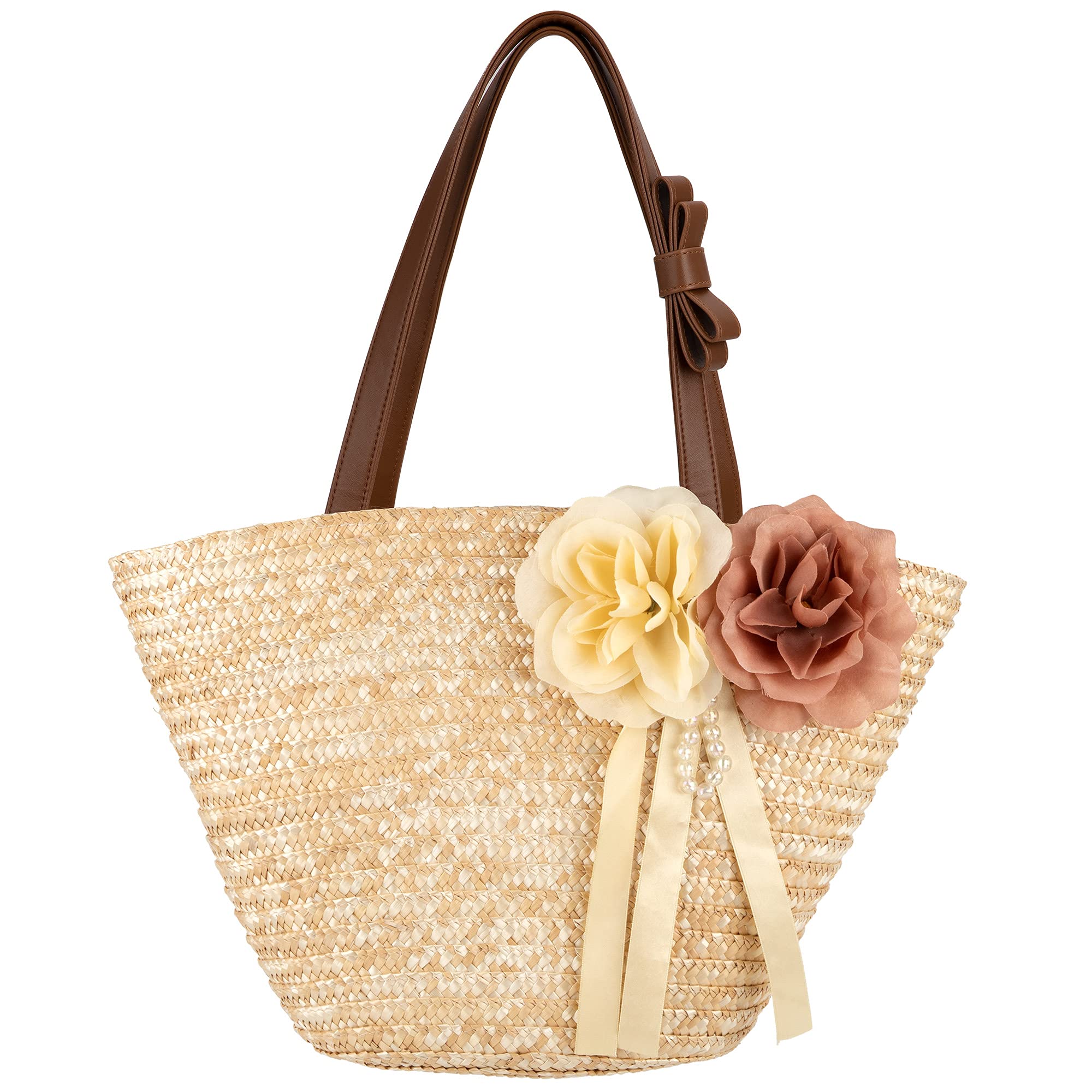 Jeesblsy Bolso de Mano para Mujer, Totes de Playa de Veranode con Flor Grande, Bolso de Hombro Tejida de Paja Verano para Viajes de Vacaciones Compras Cesta