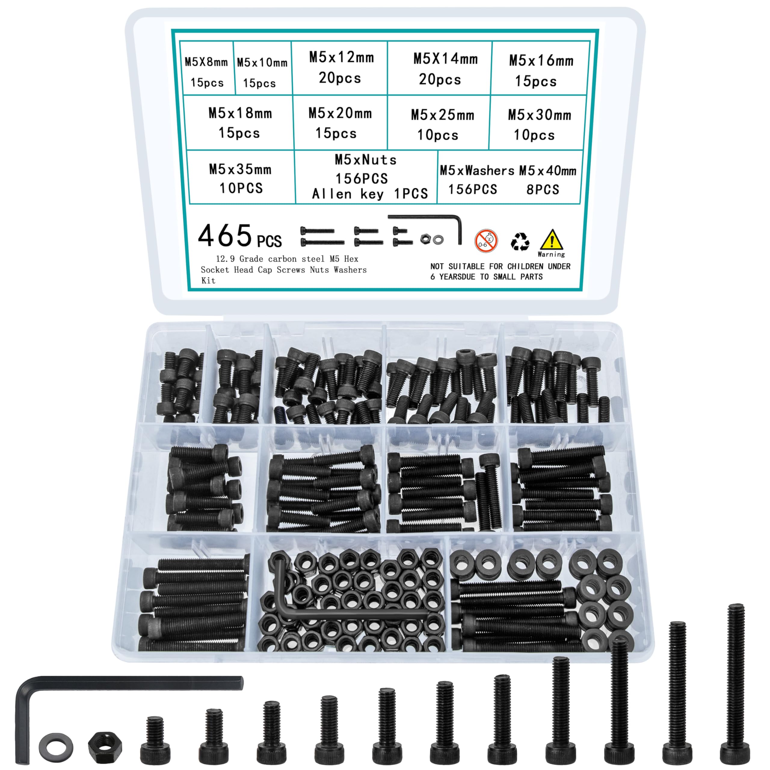 465 Pcs M5 Screws and Nuts Assortment Kit - Metric Bolts With Washers, Hex Socket Head Cap Screws Set, 12.9 Carbon Steel Machine Screw