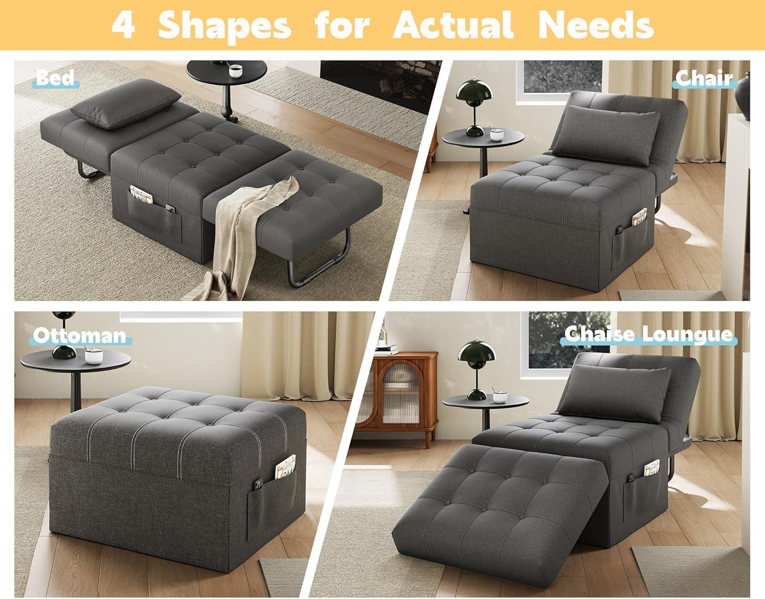 Four different configurations of the VanAcc Sofa Bed: Bed, Chair, Ottoman, and Chaise Lounger.