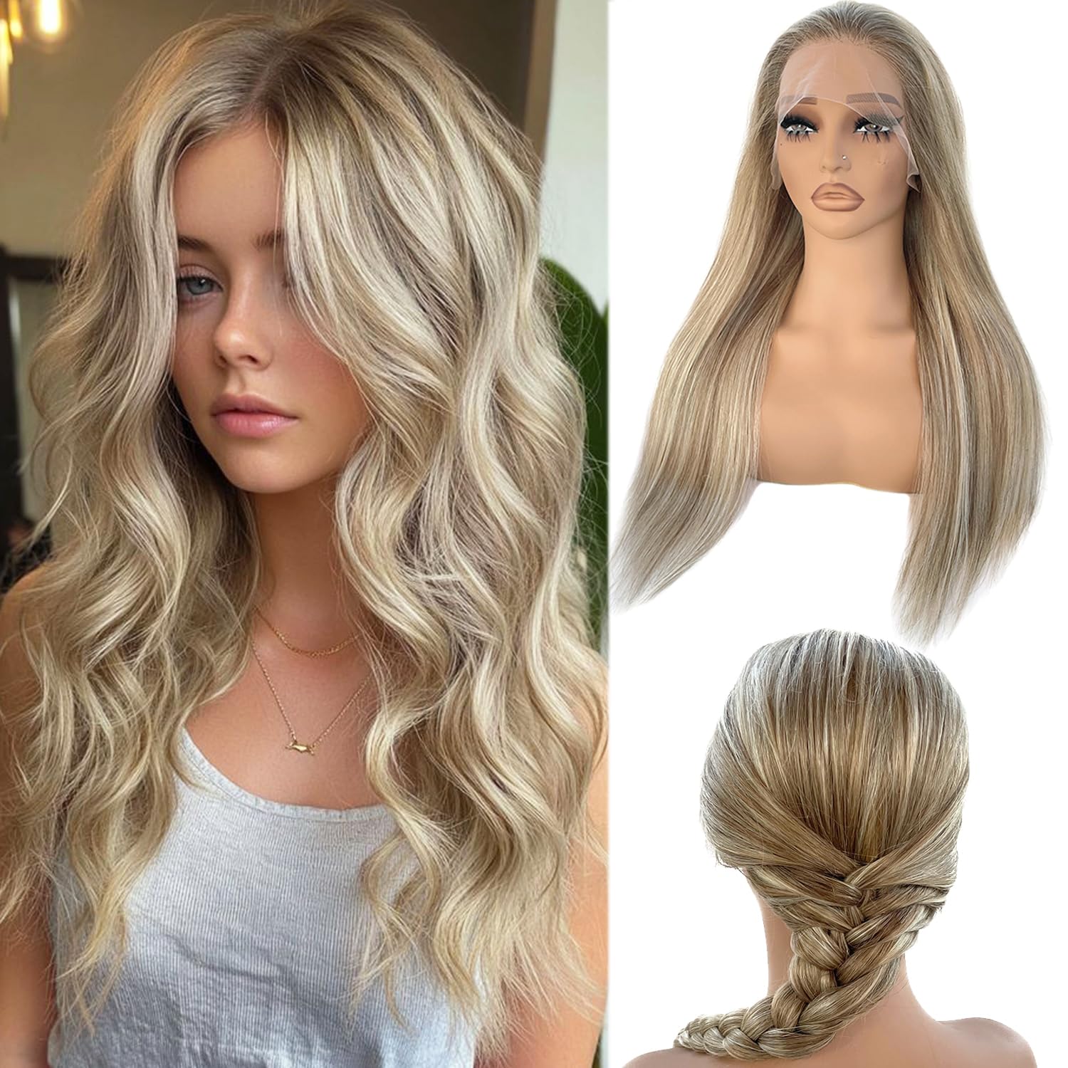 Blond White Ash Blonde Lacefront Wig SULMY Highlighted Ash Blonde Lace Front Wigs for White Women  main image 2