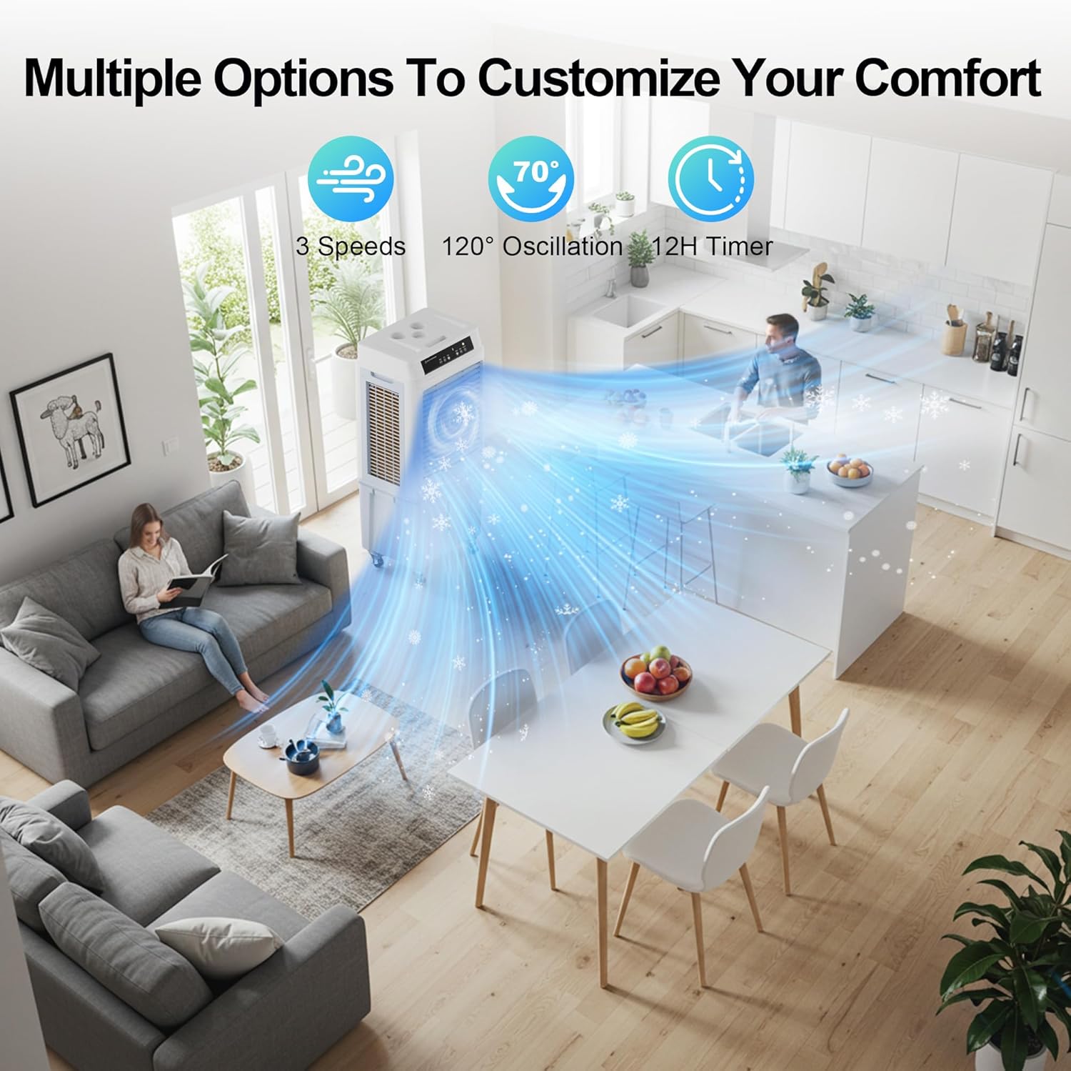Image showing the evaporative cooler in a living room with air flowing, highlighting 3 speeds, 120 degree oscillation, and 12H timer