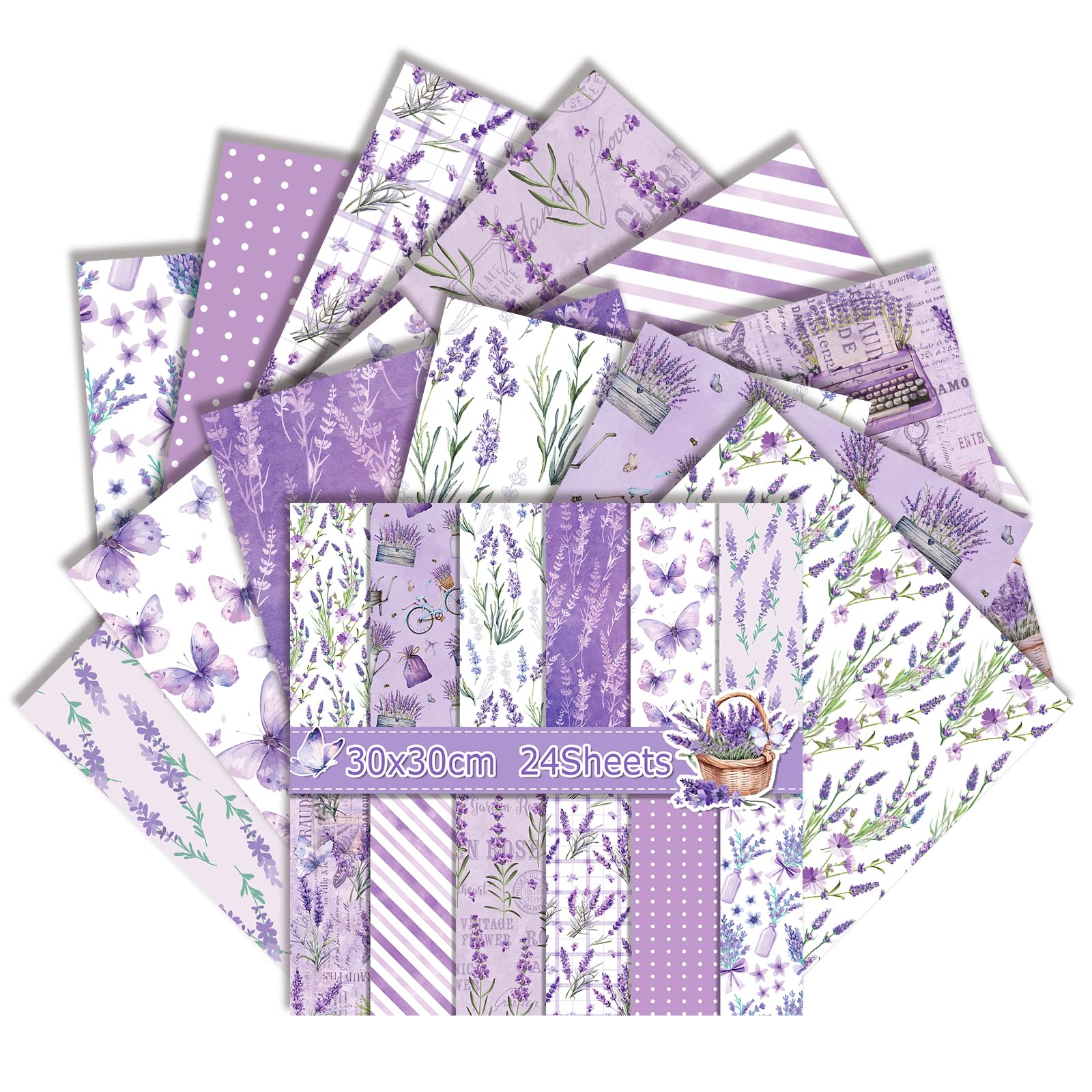 Scrapbook Paper, 24 Sheets 30x30cm Double Sided Floral Patterned Ideal Scrapbook Supplies and Papers Craft Supplies for Card Making, Journaling, Photo Album & DIY Crafts (Purple Lavender)