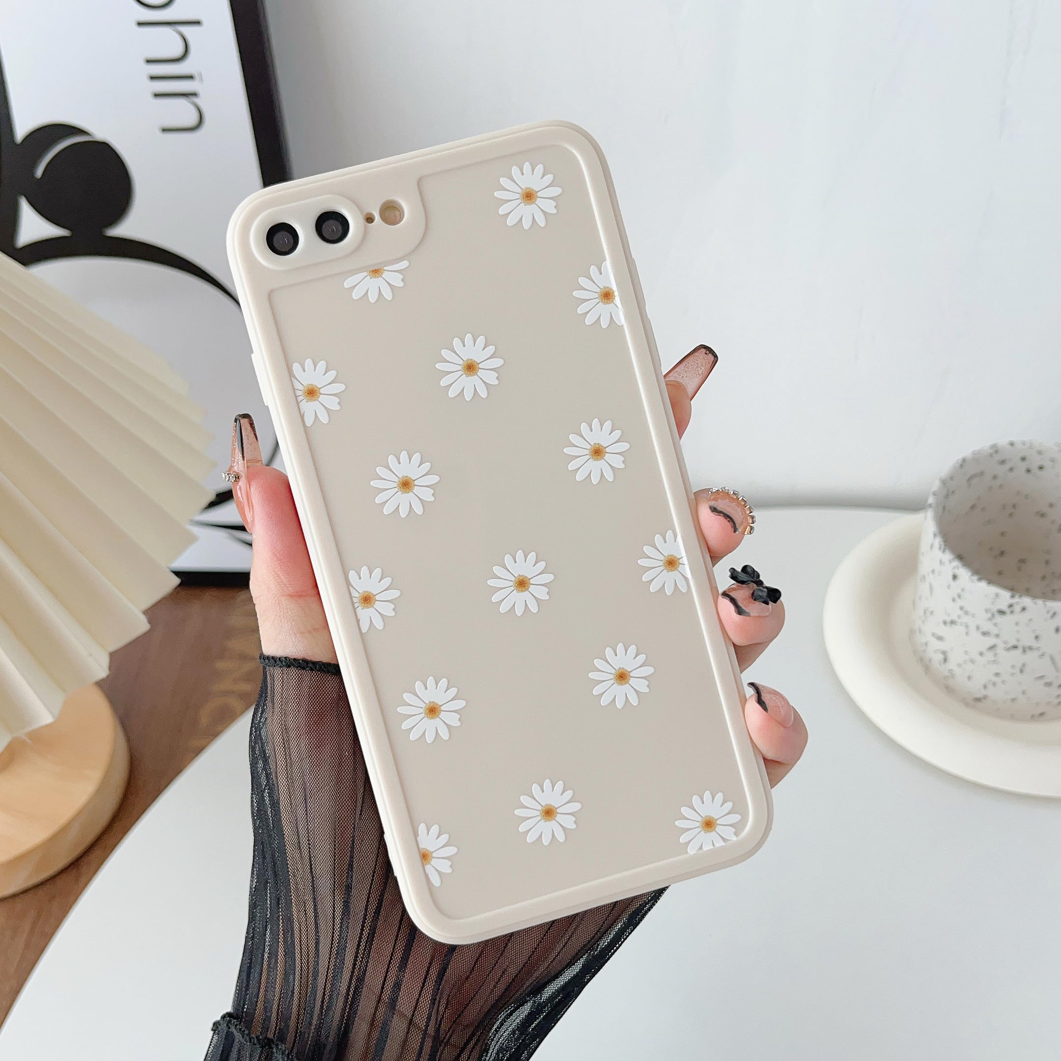 ZTOFERATPU Back Case for iPhone 7 Plus iPhone 8 Plus, Daisy Pattern Glossy Soft Silicone Case, Cute Girls Slim Lightweight Protective Bumper Cover for iPhone 7 Plus/iPhone 8 Plus (5.5") - Beige