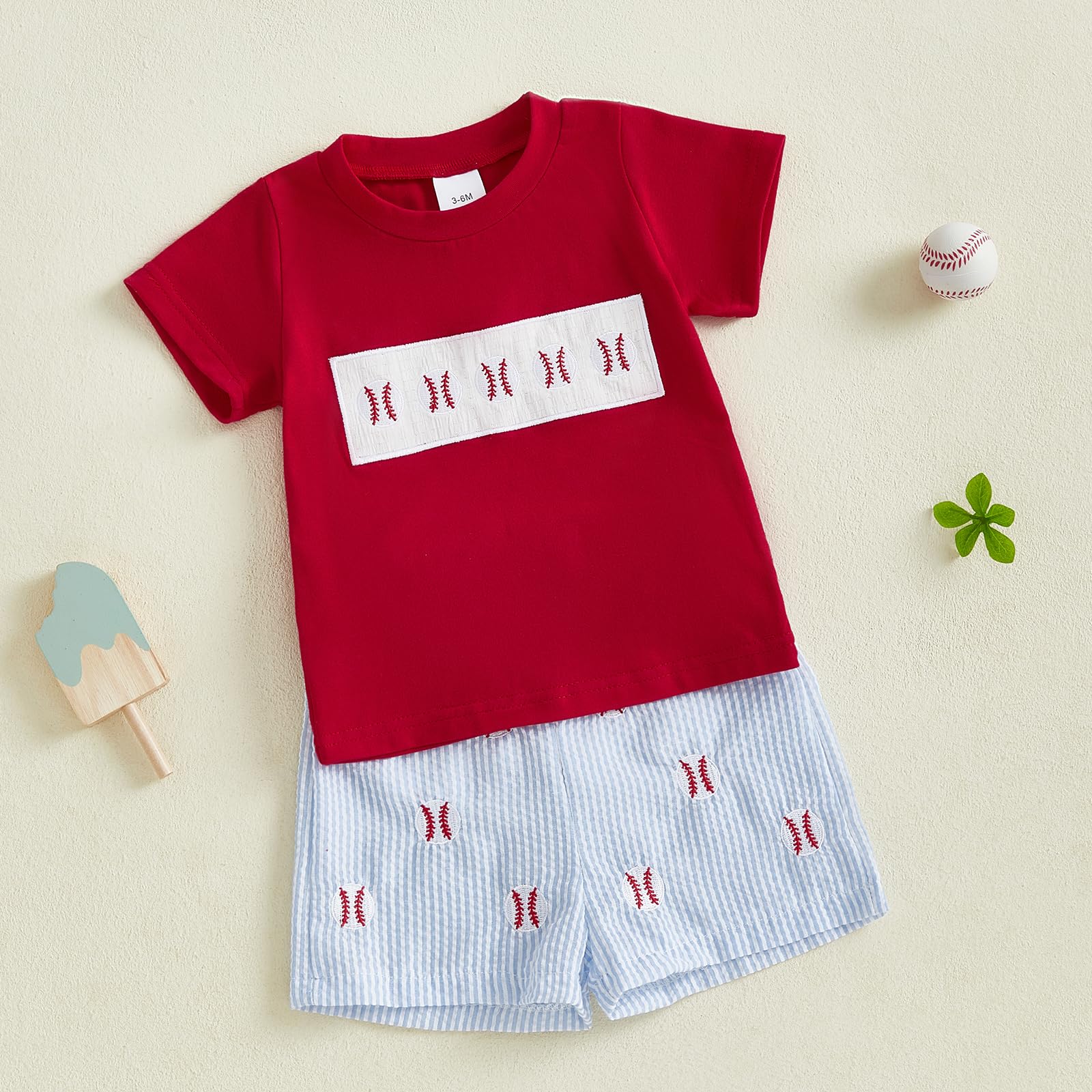 Gaono Toddler Baby Boy Baseball Outfits Embroidery Short Sleeve T-Shirt Plaid Shorts Set 2 Piece Summer Clothes (Deep Red, 6-12 Months)