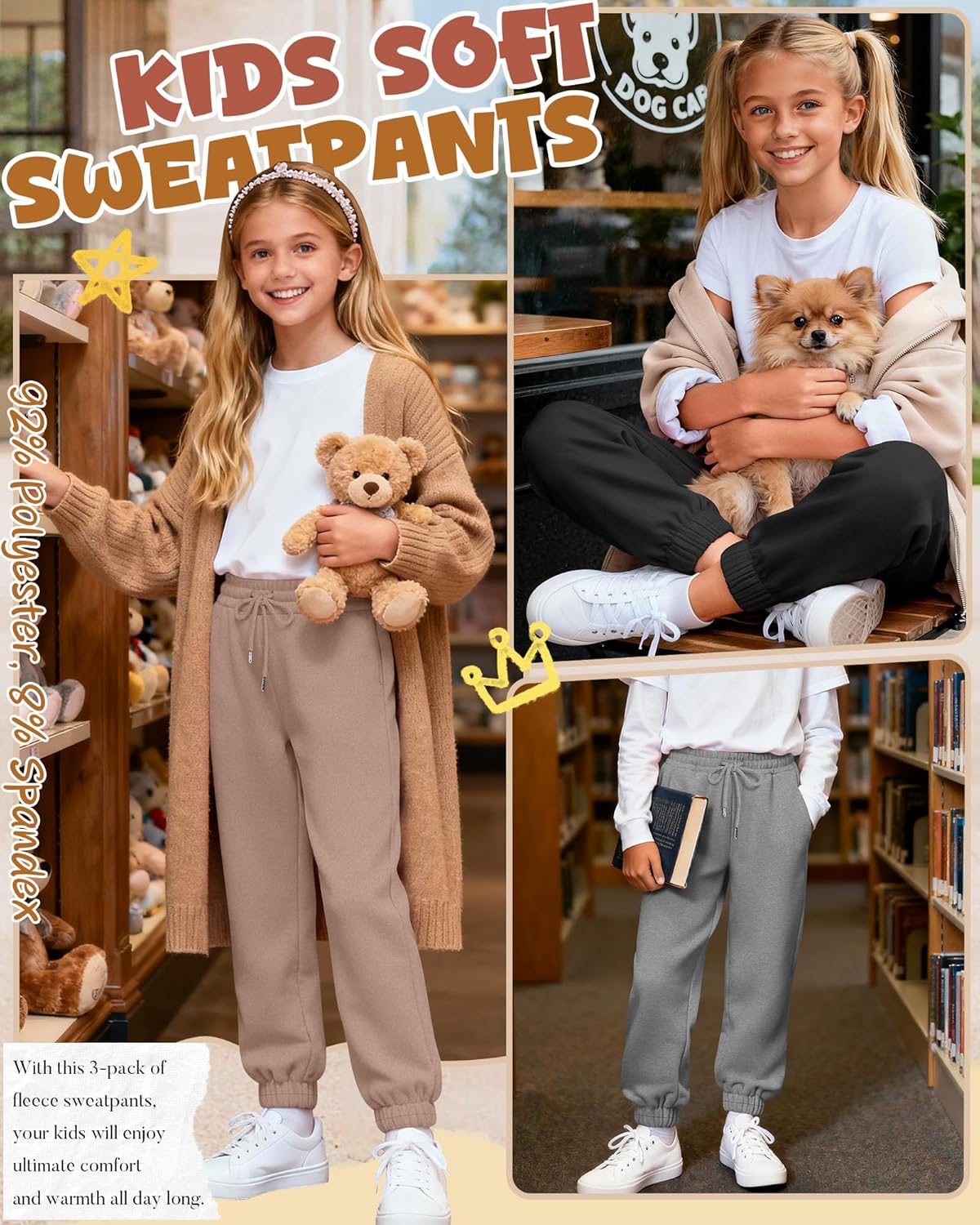 3 Pack Girls Sweatpants Fleece Girls Active Performance Joggers Kids Athletic Pants Casual Sweatpants with Pockets - Image 5