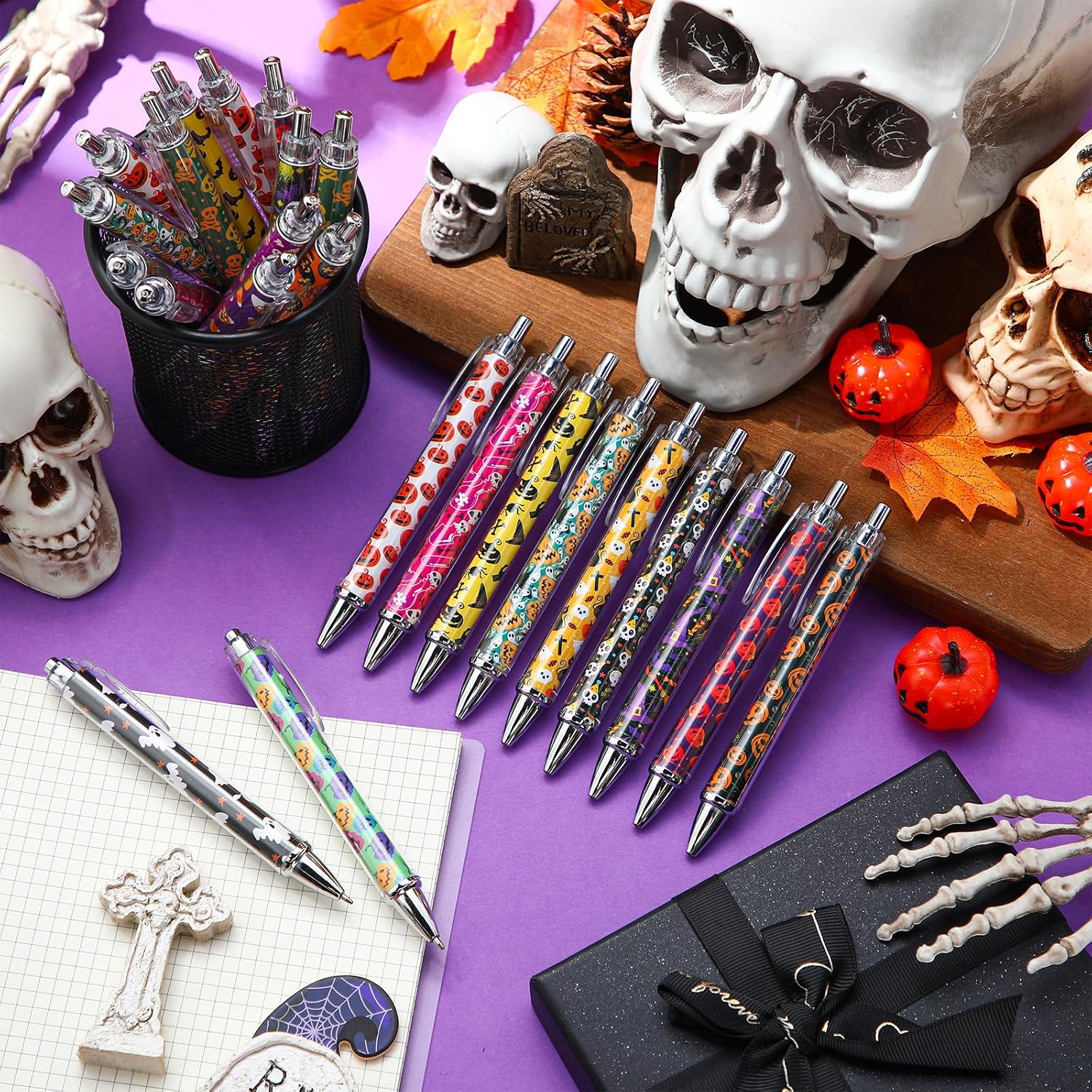 Resurhang 150 Pcs Halloween Pens Bulk Ghost Holiday Novelty Pens 0.5 mm Retractable Black Ink Decorative for Office Party Favor Supplies Women Gift