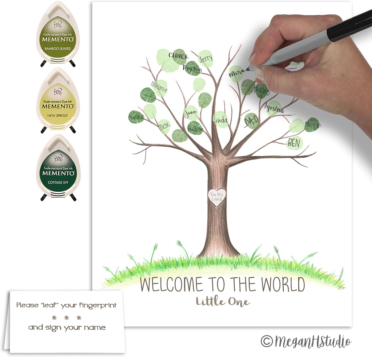 Neutral Baby Shower Fingerprint Tree Guestbook Alternative, Hand Drawn Baby Shower Thumbprint Tree Set with Ink Pads and Pen 8.5x11 Inch