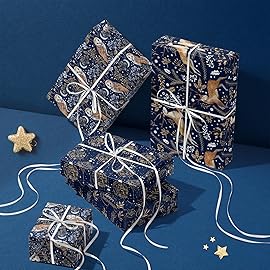 RUSPEPA Christmas Kraft Wrapping Paper Roll - Blue Owl, Reindeer, Christmas Ball and Text Design - 17 inches x 10 feet per Roll, Total of 4 Rolls