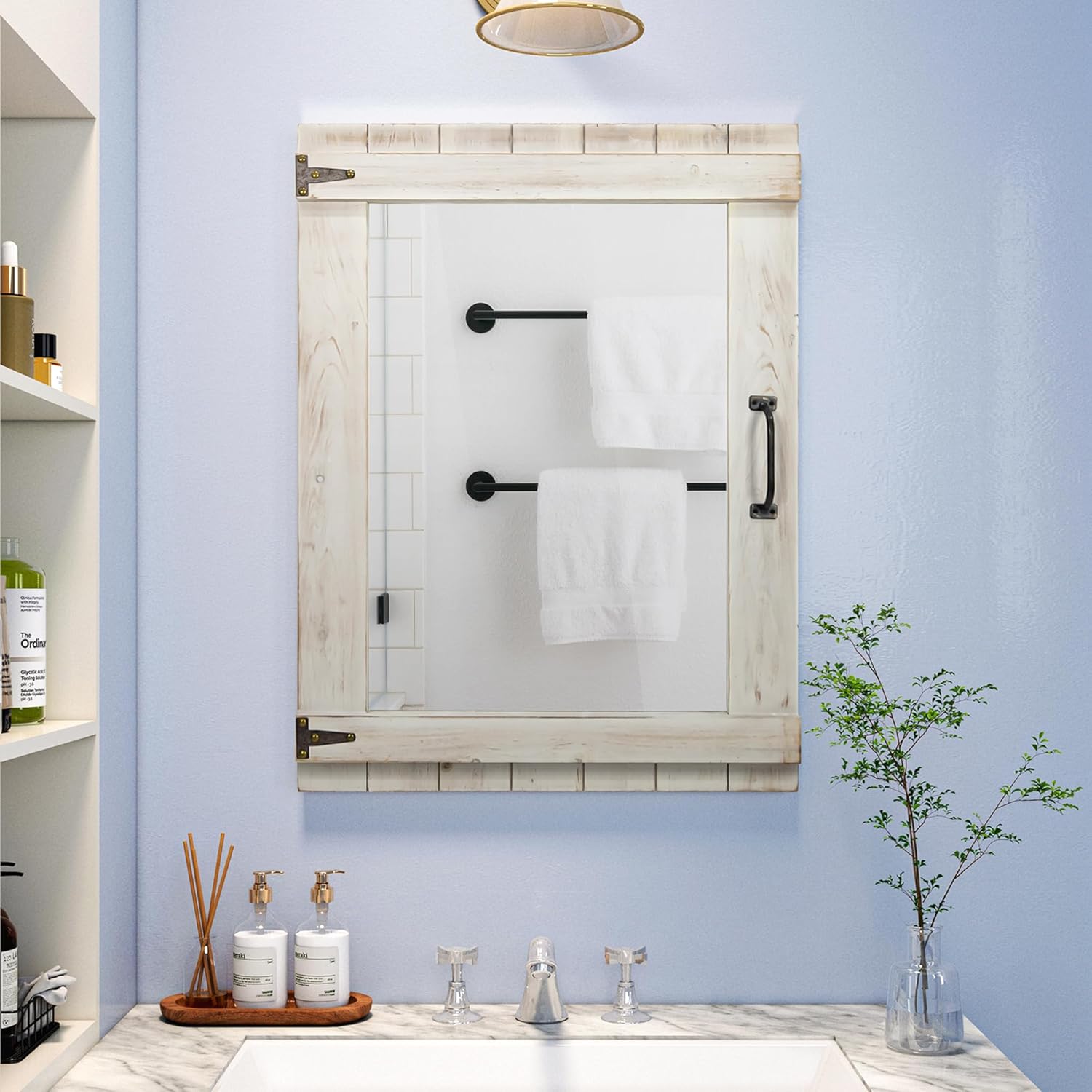 Oakrain Farmhouse Mirror, 24x32 Inch Distressed White Wood Frame with Black Metal Hinges, Rustic Wall Mirror for Bathroom, Living Room, Entryway, Bedroom