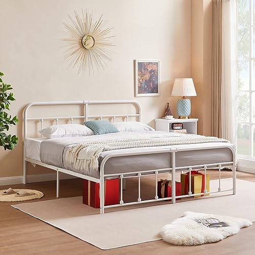 Miniatura 4 de VECELO Marco de cama, plataforma de metal tamaño King con cabecero y estribo, base de colchón de soporte de listones de acero de alta calidad, no