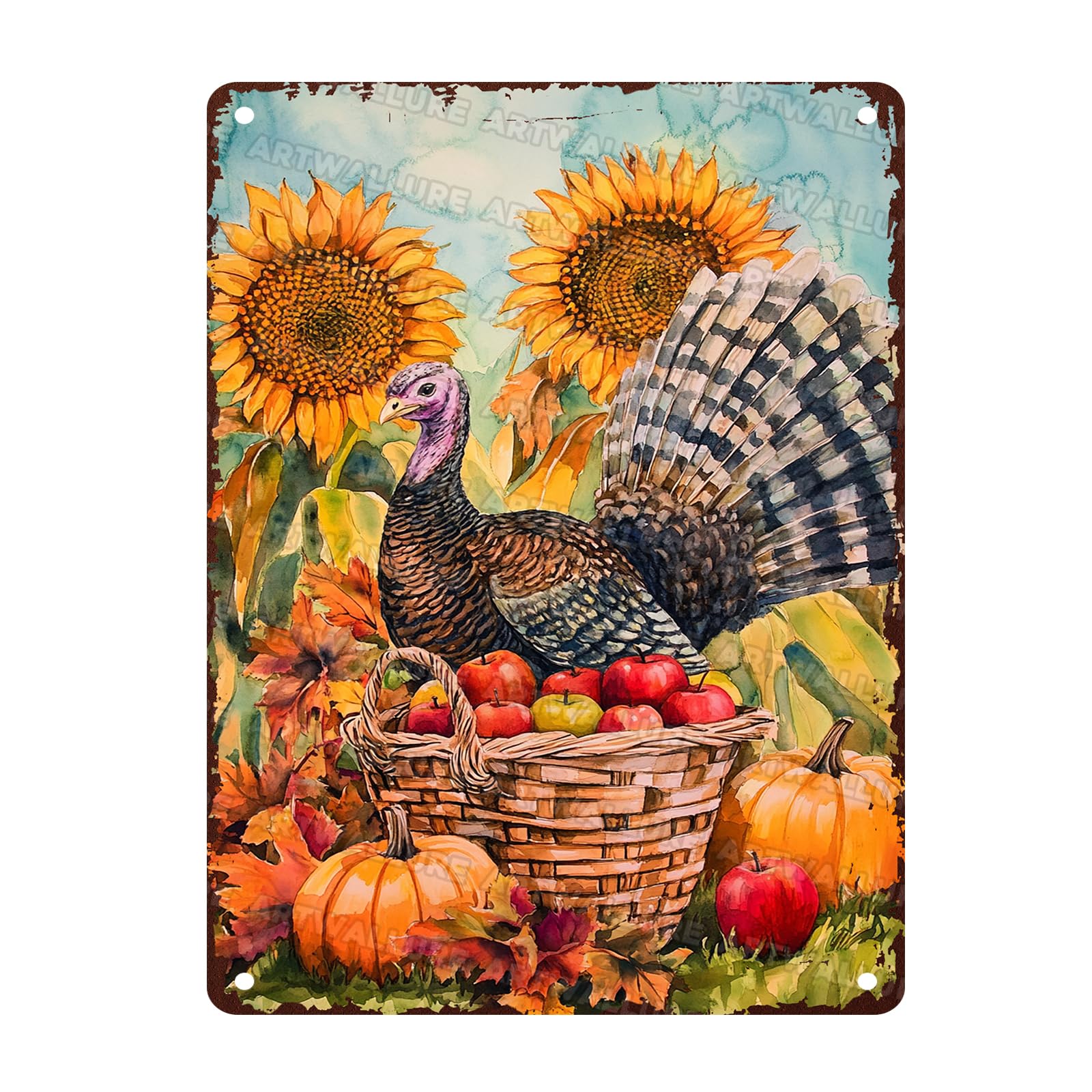 Vintage Fall Turkey Metal Tin Sign Thanksgiving Rustic Wall Art Autumn Harvest Farmhouse Decor 12x16inch