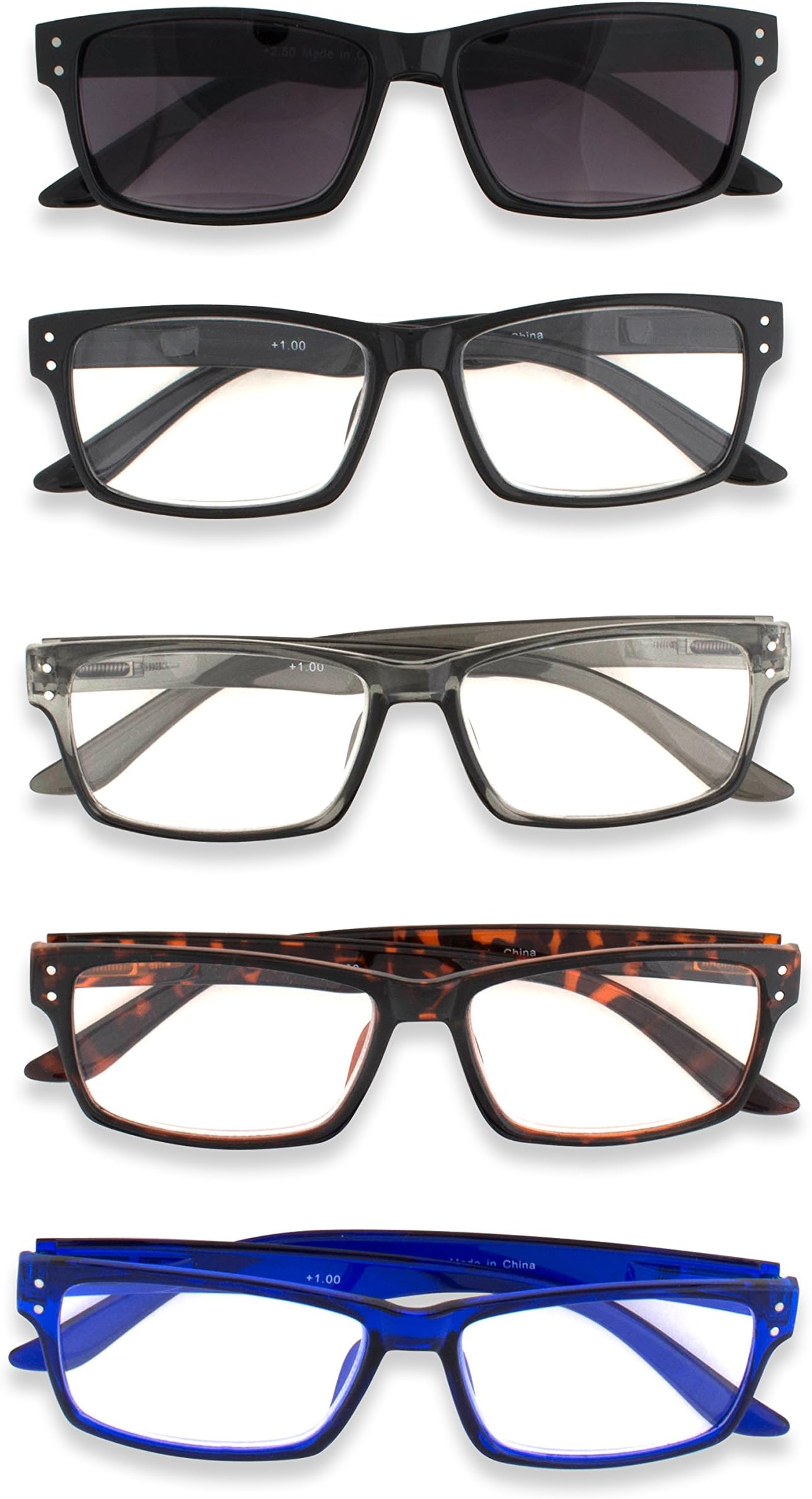 Inner Vision 5-Pack Reading Glasses Set for Men & Women - (2.0 x Magnification) - Includes: 1 Outdoor Reading Sunglasses + 4 Clear Readers