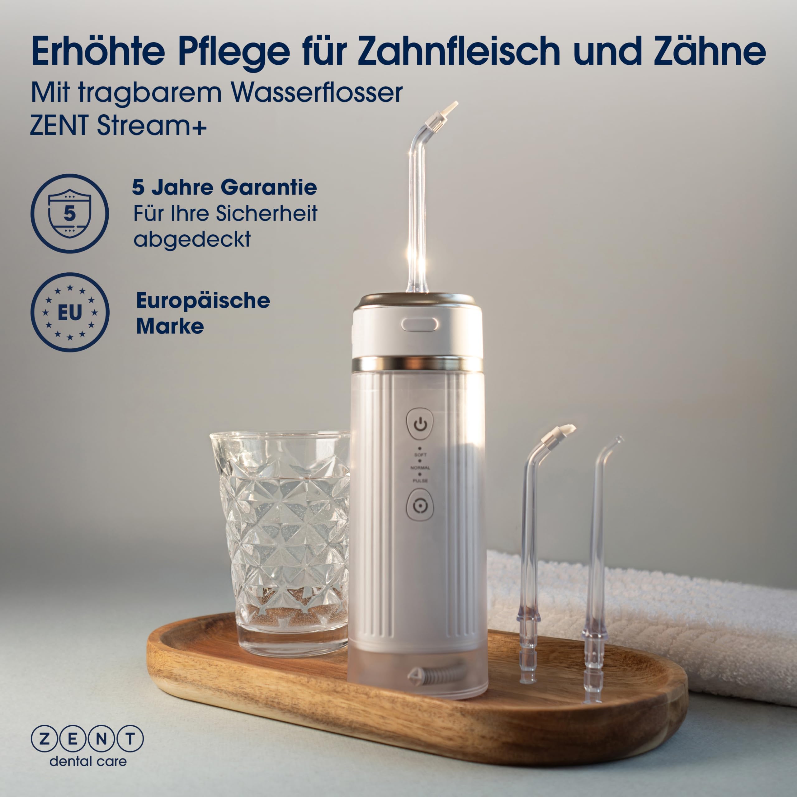 ZENT Munddusche kabellos Water Flosser mit 3 Aufsätzen Rosa | Die Munddusche bietet 360°-Rotationstechnologie, einstellbaren Wasserdruck, IPX7 Schutz und Zahnsteinentferner