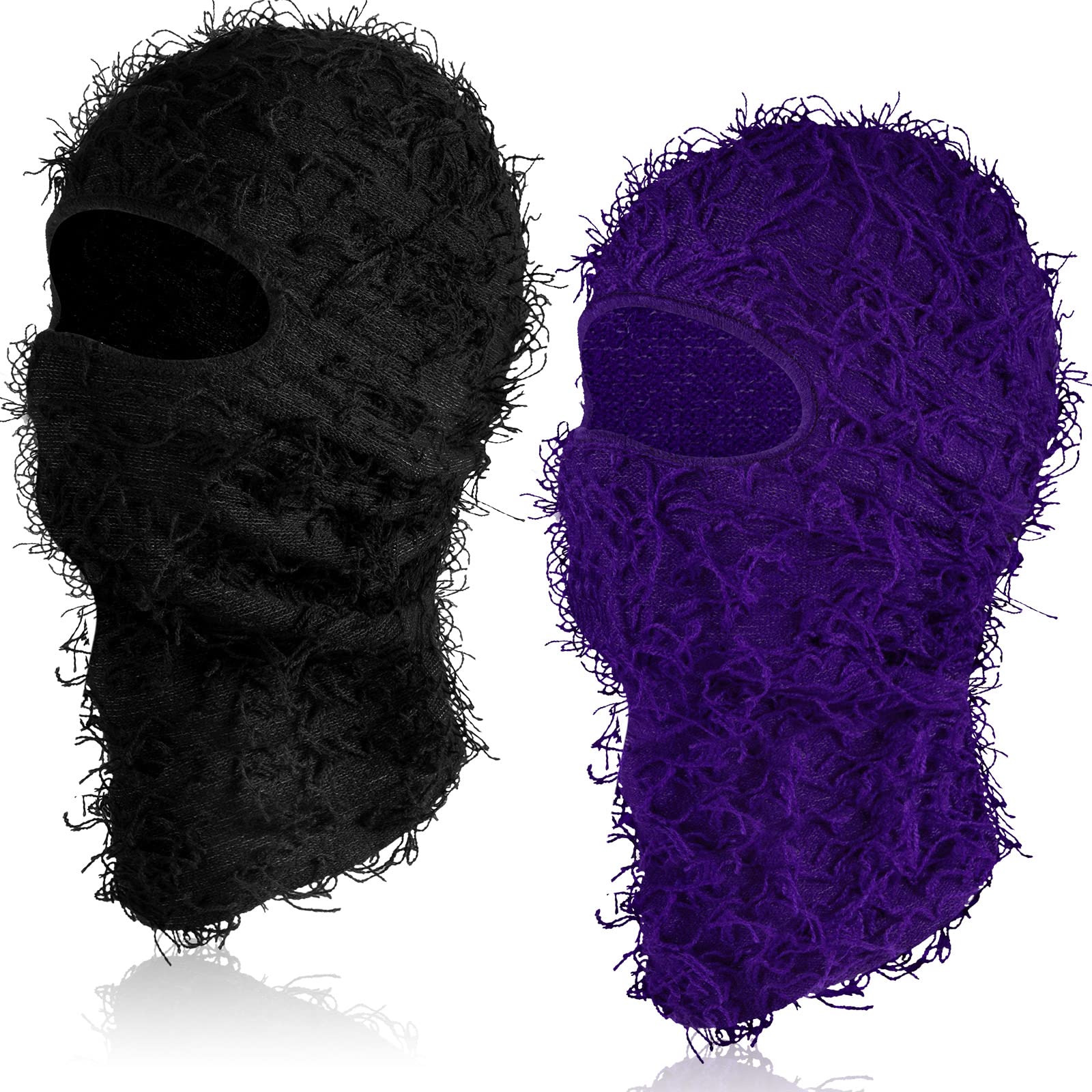 Photo 1 of 2 Pack Kids Adult Distressed Balaclava Ski Mask Full Face Knitted Balaclava Windproof Cool Ski Mask for Cold Weather Black, Purple Large
