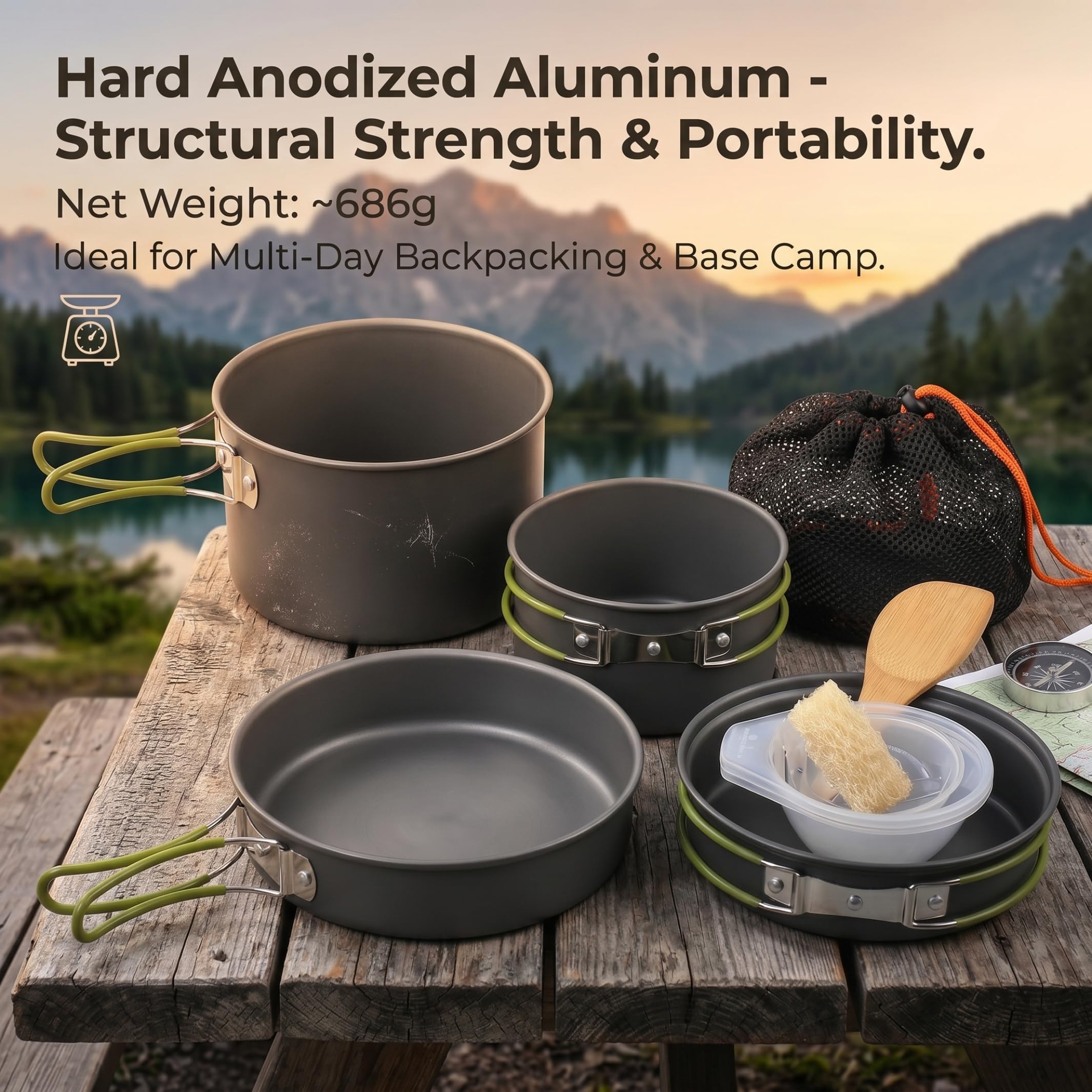 Juego de ollas y sartenes de camping, juego de cocina portátil para 2 a 3 personas, ollas y sartenes de aluminio ligero con asas plegables para senderismo y picnic