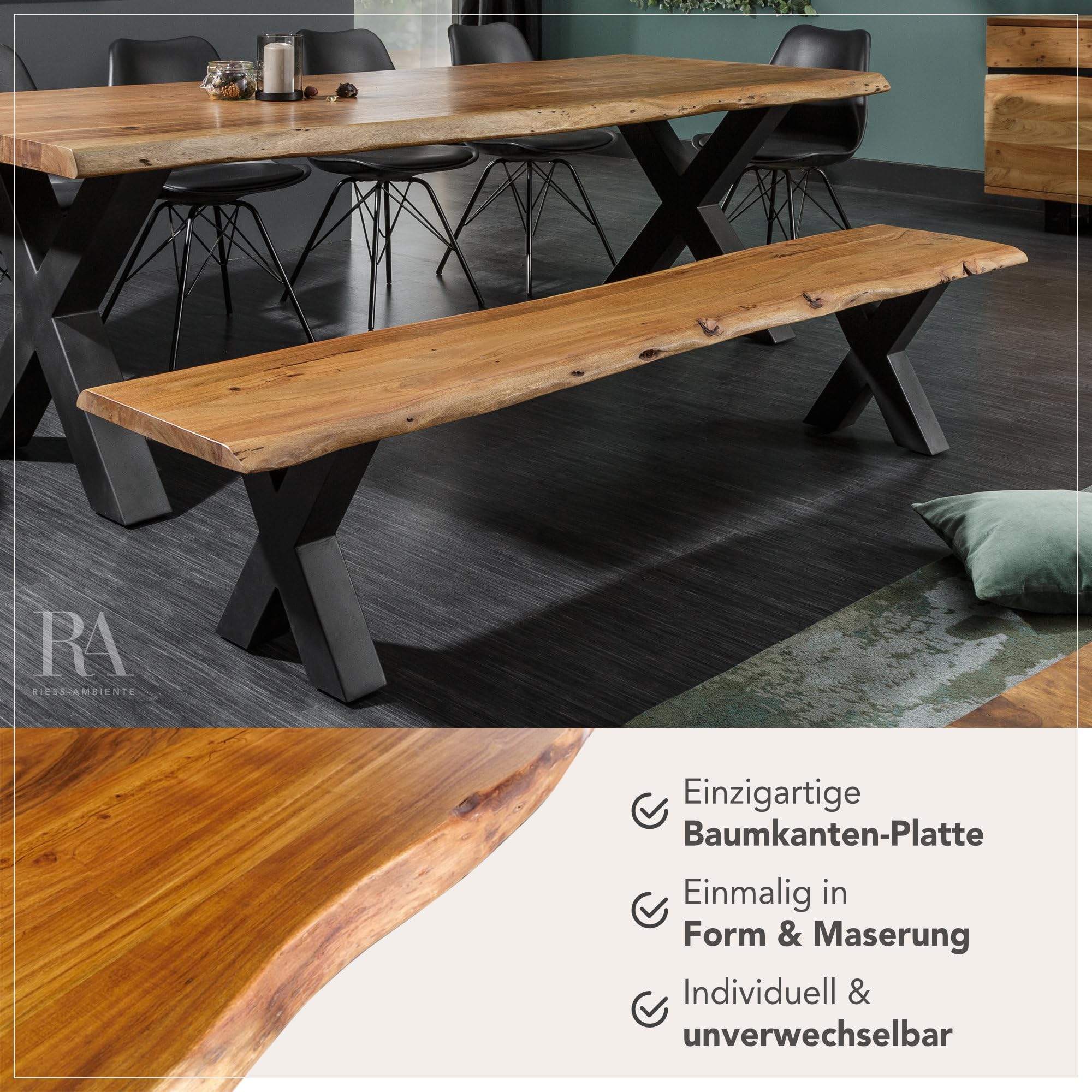 Riess Ambiente Massiver Baumstamm Bank Mammut 200cm Akazie Massivholz Sitzbank Esszimmer