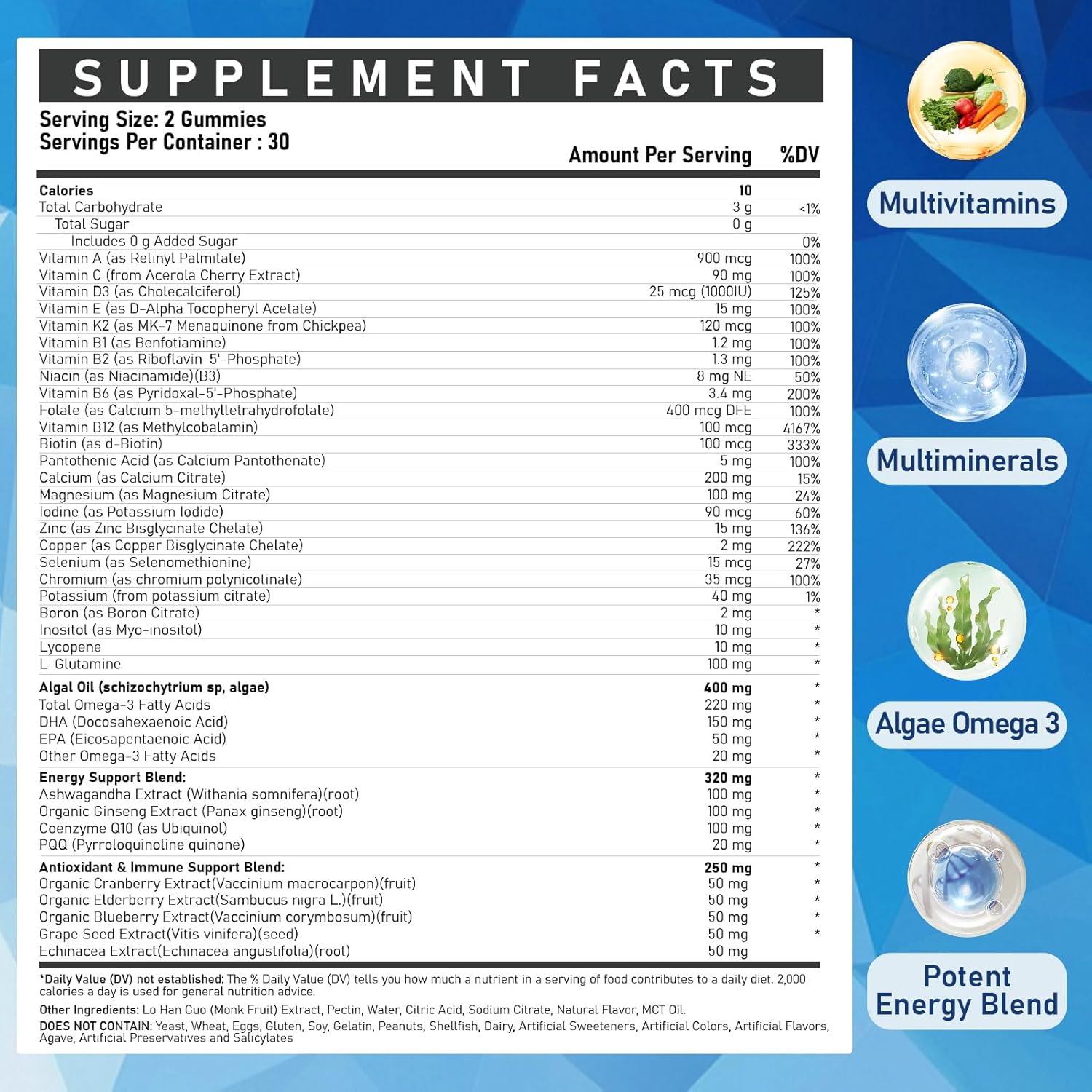 Mens Multivitamins Gummies with Methylated Vitamins - Vegan Omega-3, CoQ10, Vitamin A C D3 K2 B12, Calcium, Zinc, Grape Seed Support Energy & Antioxidant - Multivitamin for Men Gummies, Sugar-Free