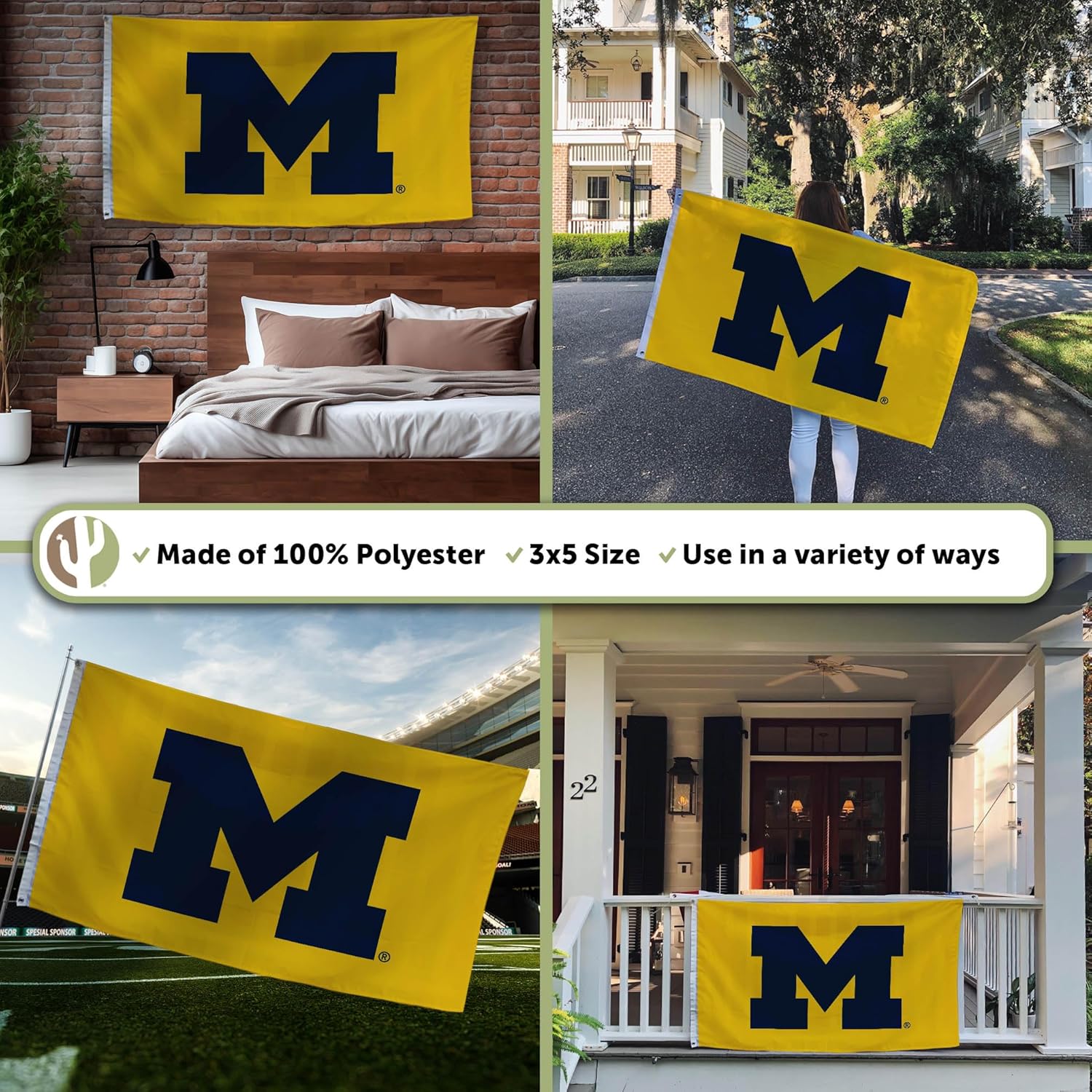 Desert Cactus University of Michigan Flag - 3 x 5 Feet UM Wolverines Banner, Indoor/Outdoor Durable Fabric Display(Design 2) - Image 3