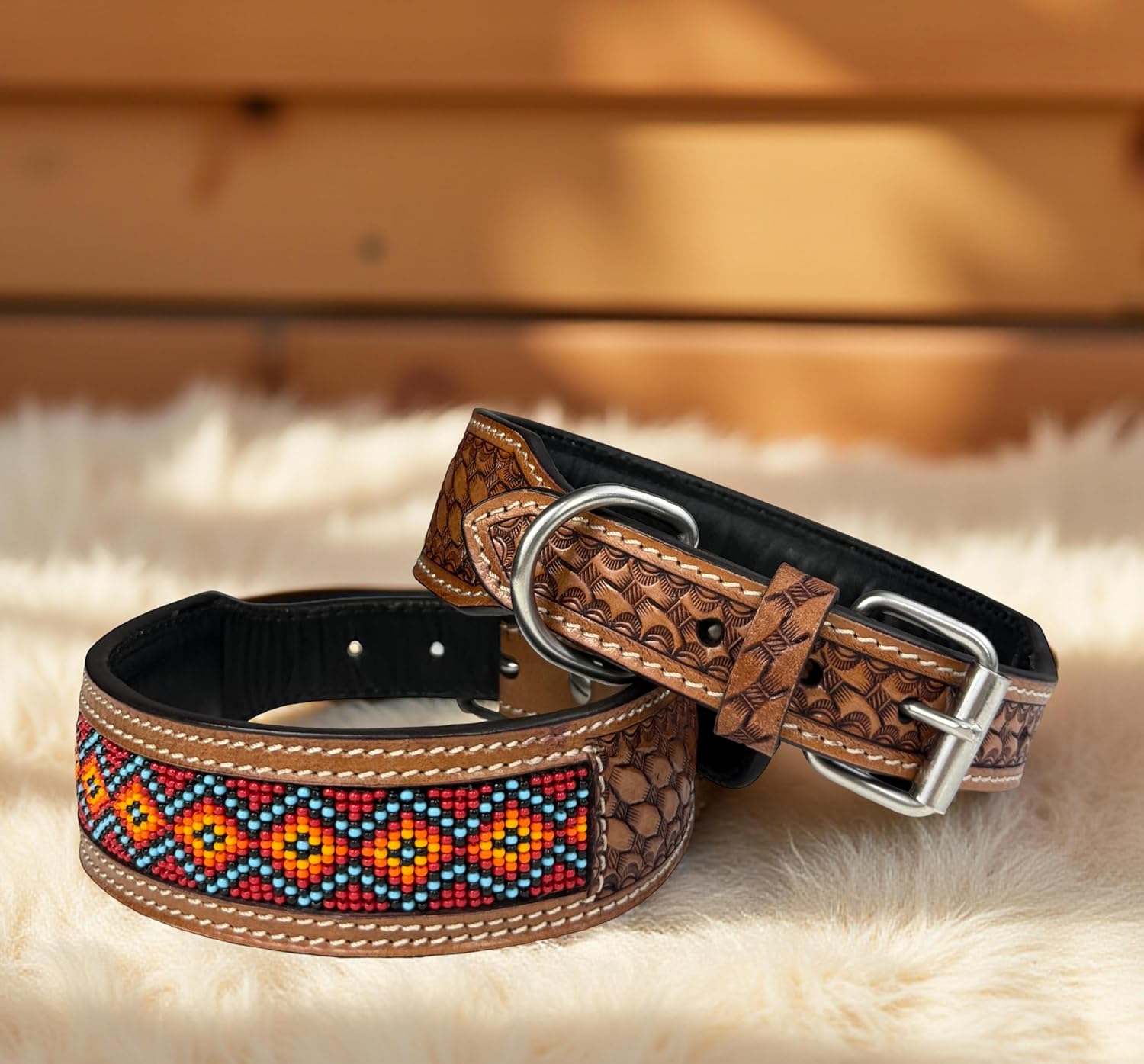 Genuine Leather Hand Tooled Beaded Padded Leather Dog Collar Western Leather Dog Collar (L (18"-21"))