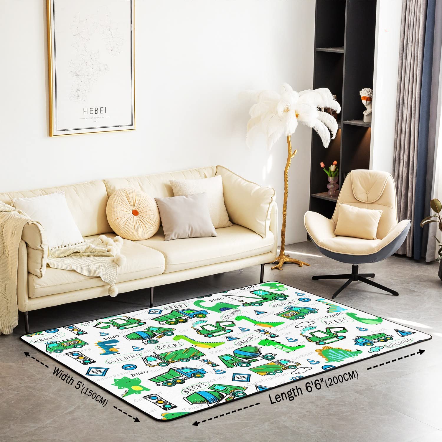 Tappeto dinosauro per soggiorno, camera da letto per bambini carino Dino area di costruzione tappeto attrezzature camion escavatore tappeto, dinosauri, macchine per camera da letto, tappeto verde 150