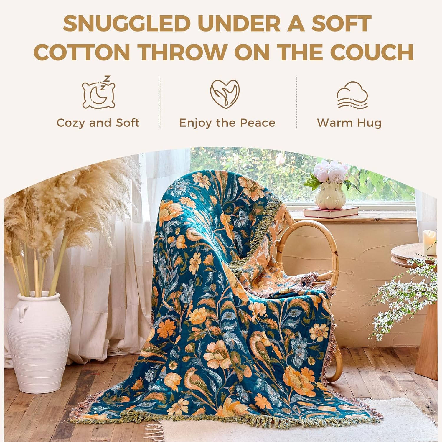 Boho Throw Blanket for Bed Cotton Blankets Twin Size for Bedroom Living Room All Season Lightweight Floral Bird Embroidery Breathable Quilt for Couch Sofa Chair 60"x 80" Home Decor - Image 5