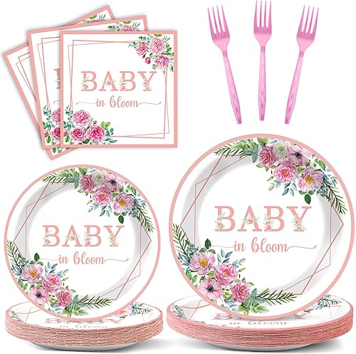 Miniatura 113 de 96 piezas de suministros de fiesta de cumpleaños florales de cumpleaños, platos de papel, servilletas, flores de oro rosa, decoraciones de fiesta