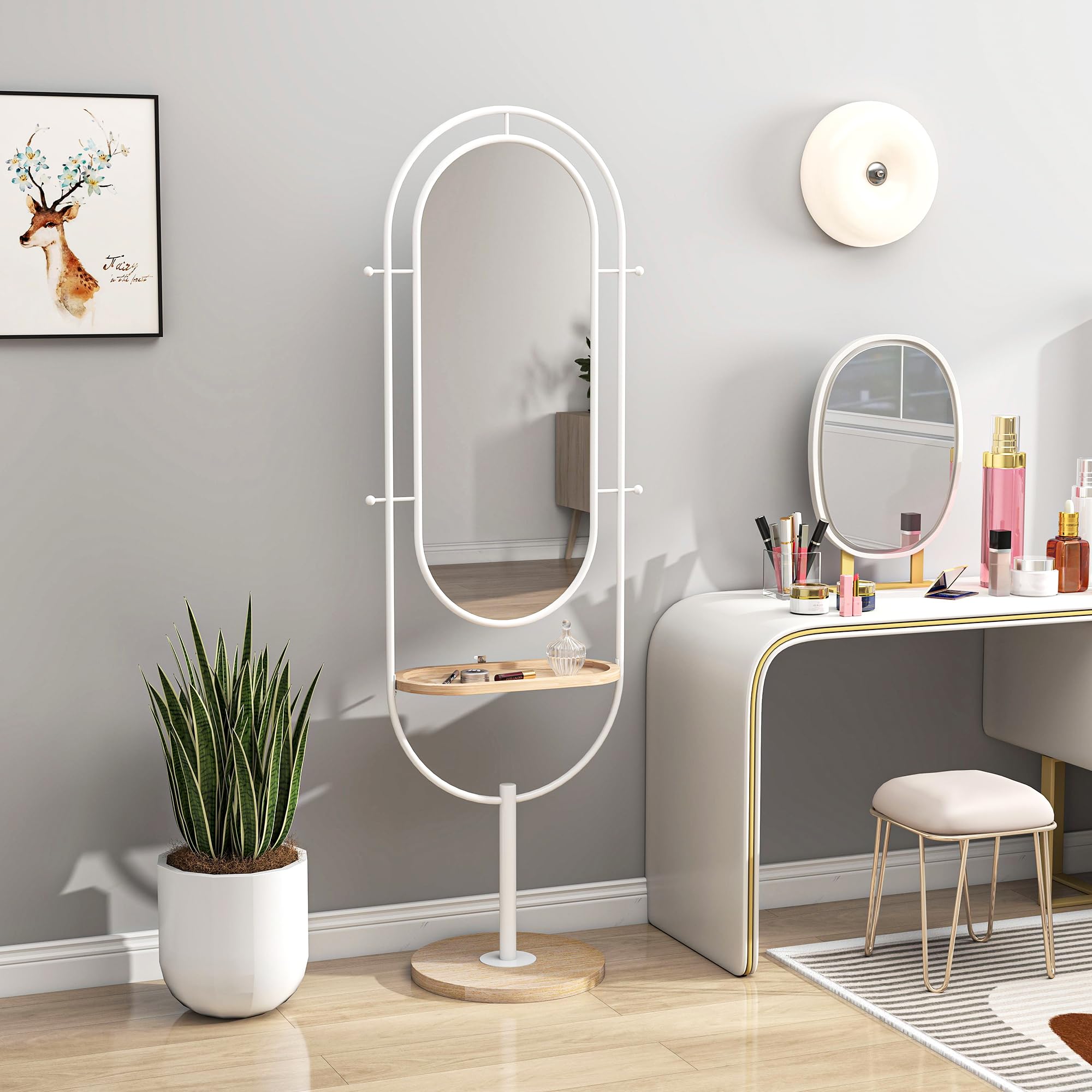 HOMCOM Espejo de Cuerpo Entero 175,5x50 cm con Bandeja de Madera y 4 Ganchos Espejo de Pie con Marco de Metal para Dormitorio Salón Blanco