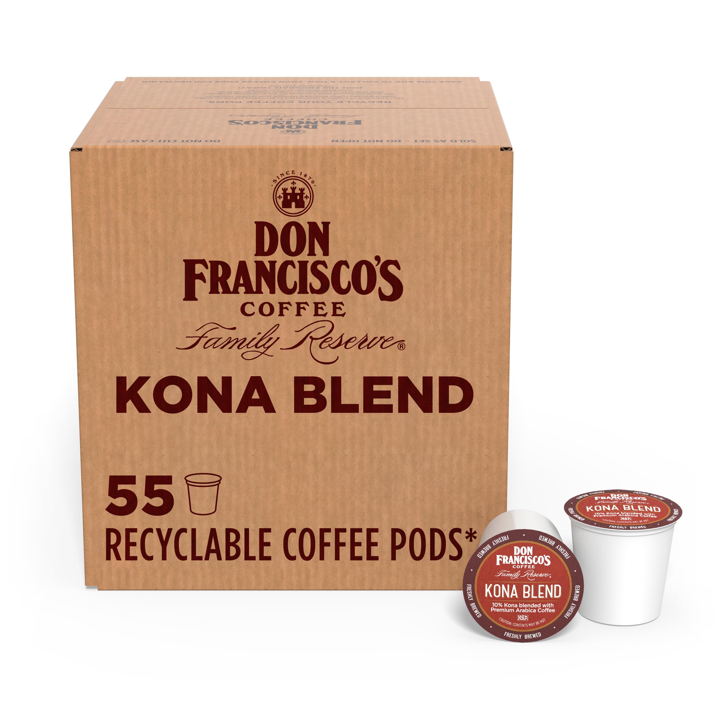 Don Francisco's Kona Blend Coffee - 55 K-Cup Compatible Single-Serve Pods - 10% Kona - Recyclable through TerraCycle - Compatible with Keurig Brewers