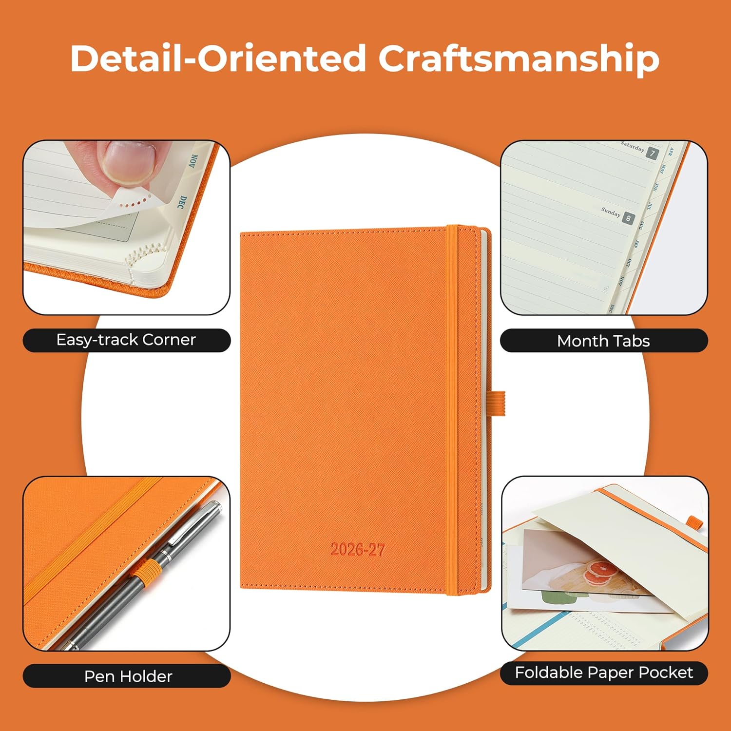 Weekly Monthly 2026-2027 Planner (July 26-Dec 27),8.5"x6.5",18 Months Agenda Plan with Month Tabs & Pocket,Expenses/Note Pages, Academic Calendar with Vegan Leather Cover,Orange