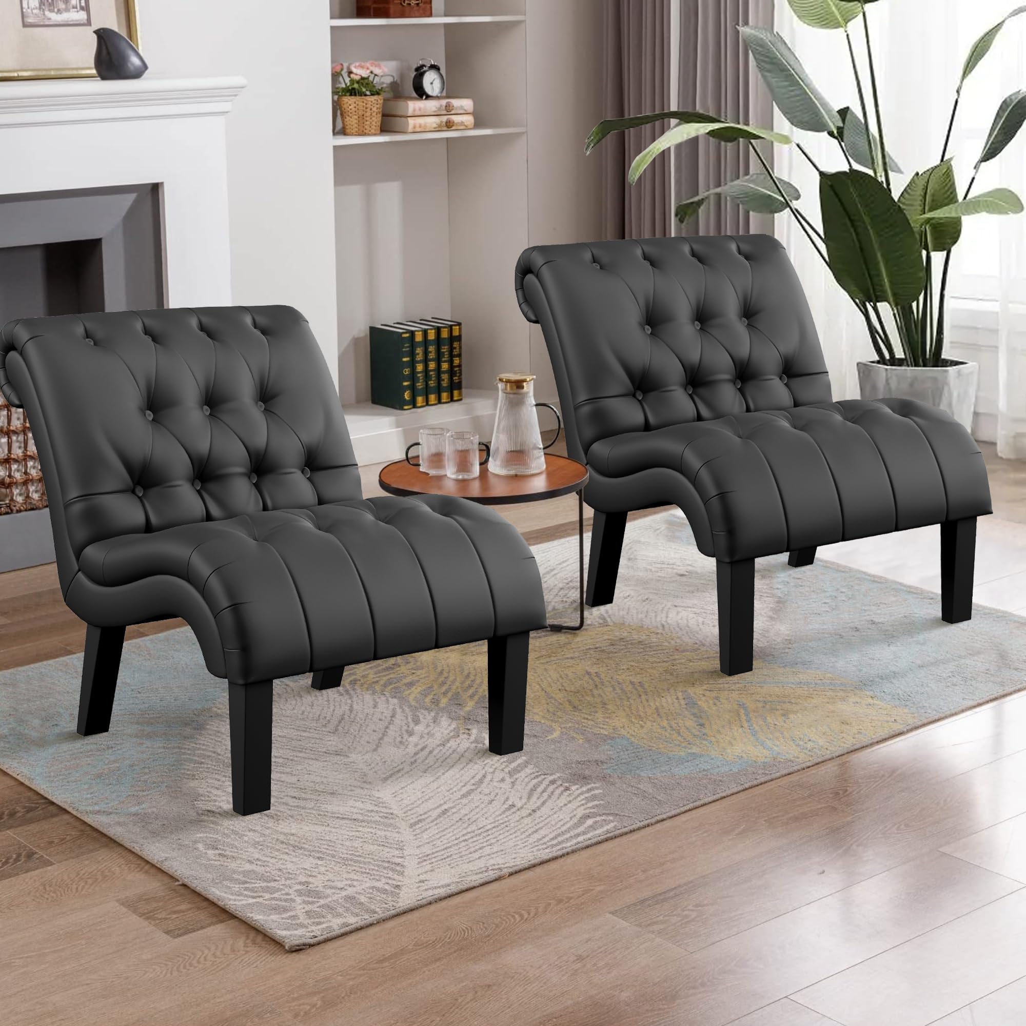 HAOBO Home PU Leather Armless Accent Chair Button Tufted Slipper Chair Side Chair for Living Room Dining Room Bedroom Funiture (Set of 2)