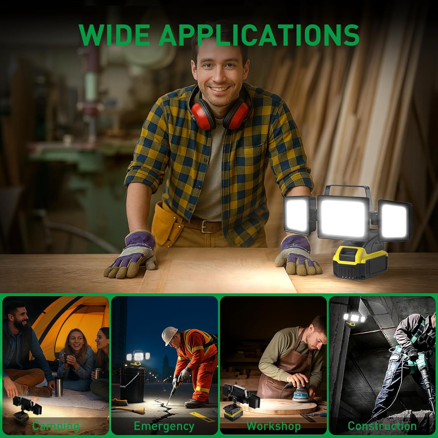 ALUSSO® LED Work Light for Dewalt Battery 18W/27W/36W Adjustable, 3000K/4000K/6500K Worklight with USB&Type C Charging Port, Portable 3 Heads Rotation Outdoor Lamp for Job Site, Fishing, Construction