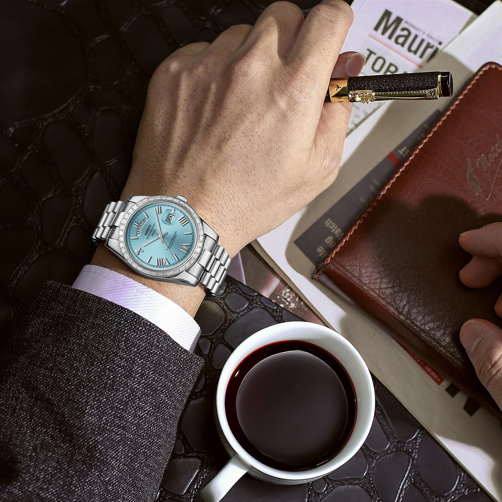 NIBOSI Men's Watches Analog Quartz Diamond Bezel Stainless Steel Dial Rose Gold Silver Watches for Men Waterproof Business Classic Dress Wrist Watch with Day Date