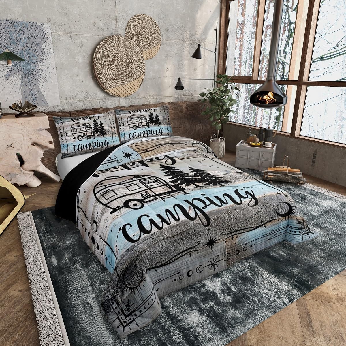 Erosebridal Boho Camper Decor Comforter Set King Happy Camping Bedding Set Rv Accessories Quilt for Travel Trailers Bunks,Rustic Farmhouse Stars Moon Quilted Duvet Blue Grey Kids Adults Bedroom
