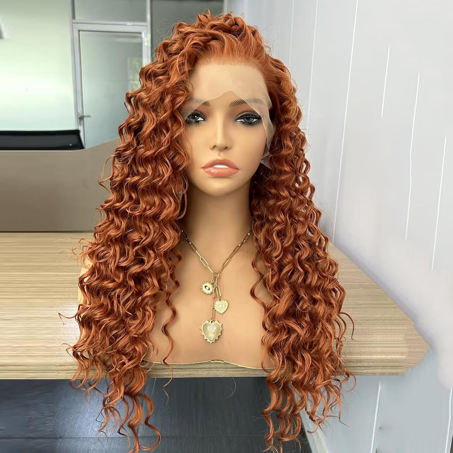RONGDUOYI Ginger Long Curly Lace Wig Synthetic Frontal Lace Wigs with Free Part Heat Friendly Synthetic Lace Front Wigs for Women Princess Merida Cosplay Wig 26Inch