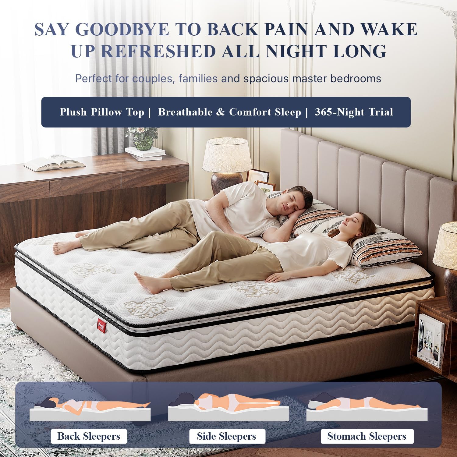 Jacia House King Mattress, 11.4 Inch Pillow Top Hybrid Mattress, Hotel-Level Comfort Skin-Friendly Pocket Springs with Memory Foam, King Size 76" W x 80" L