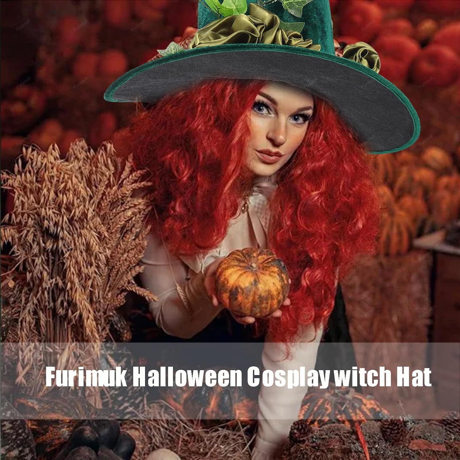 Furimuk Halloween Green Witch Hat Floral Vine Decor Wizard Hat for Women Costume,Large Brim Tree Topper Headwear for Halloween Cosplay Elegant Masquerade Dress Accessories - Image 5
