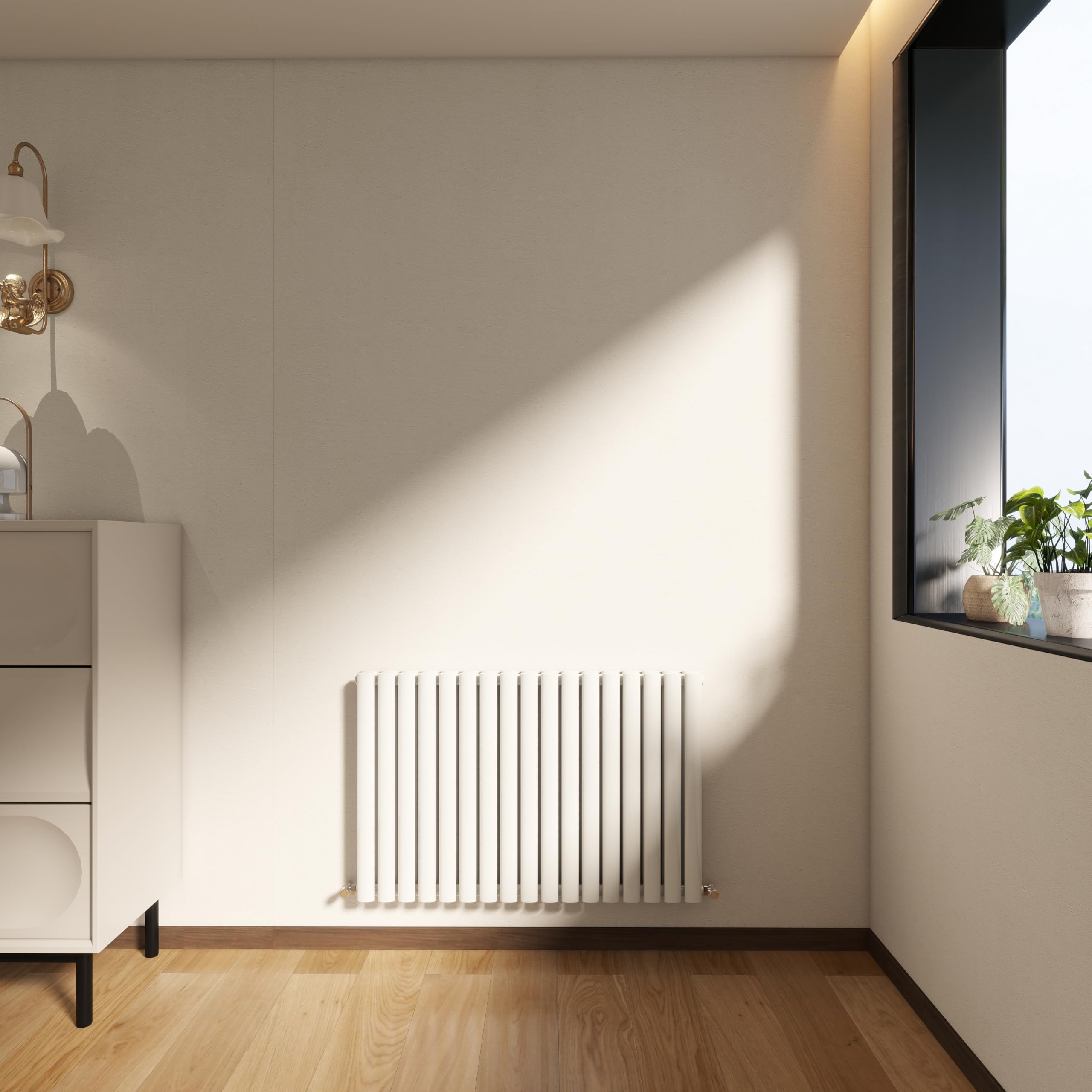 Horizontal Designer Column Radiator, 600x1003mm Gloss White Oval Column, Double Panel Small Radiator for Bathroom/Living Room, Central Heating Heater Rads, Radiators Wall Mounted