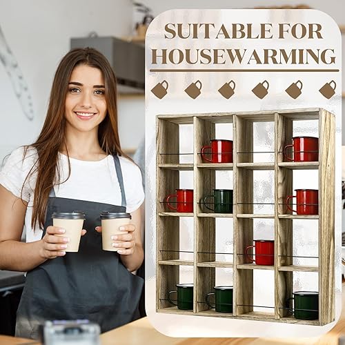 Miniatura 7 de Kigley Estante de exhibición de taza de café de gran tamaño con 16 ranuras de madera para montar en la pared, caja de sombras Curio, estante para
