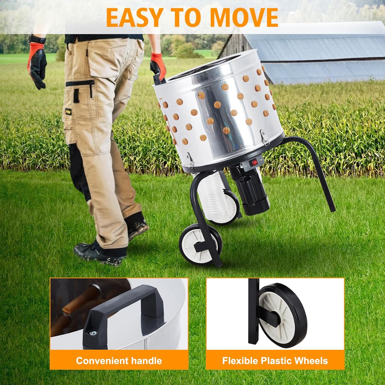 20 Inch Automatic Chicken Feather Plucker with 106 Soft Rubber Plucking Claws, Stainless Steel Drum Poultry Plucker with Wheels for Farms, Restaurants and Homes