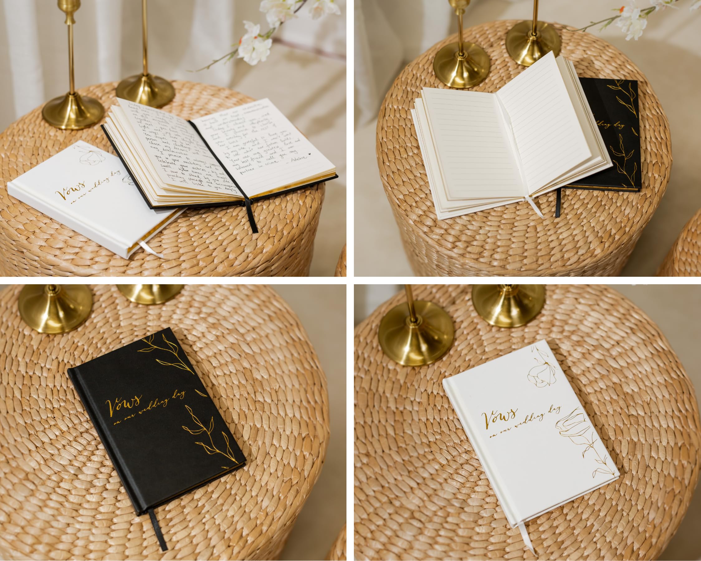 Gelübde an unserem Hochzeitstag Gelübdebücher (2er-Set) - Schwarz & Weiß, Taschenbuchformat, mit Folienprägung, Laubdesign für Hochzeitszeremonie, Erneuerung der Gelübde, Rede, Notizbuch, Planer