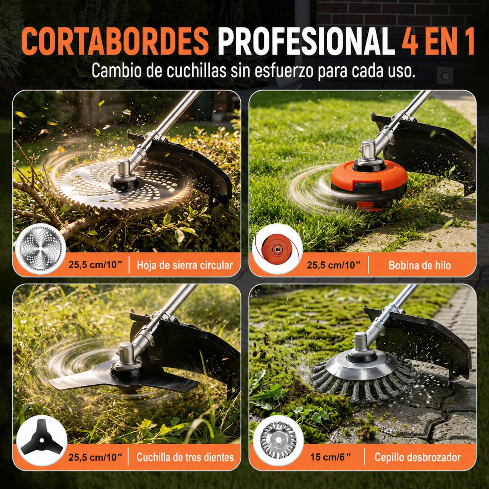 Recortador inalámbrico Traumheim 4-en-1 para Makita 950W | Motor sin escobillas, cepillo para malezas de 15 cm, sistema Tap&Go, tubo alargado, incluye 2 baterías de 4,0 Ah